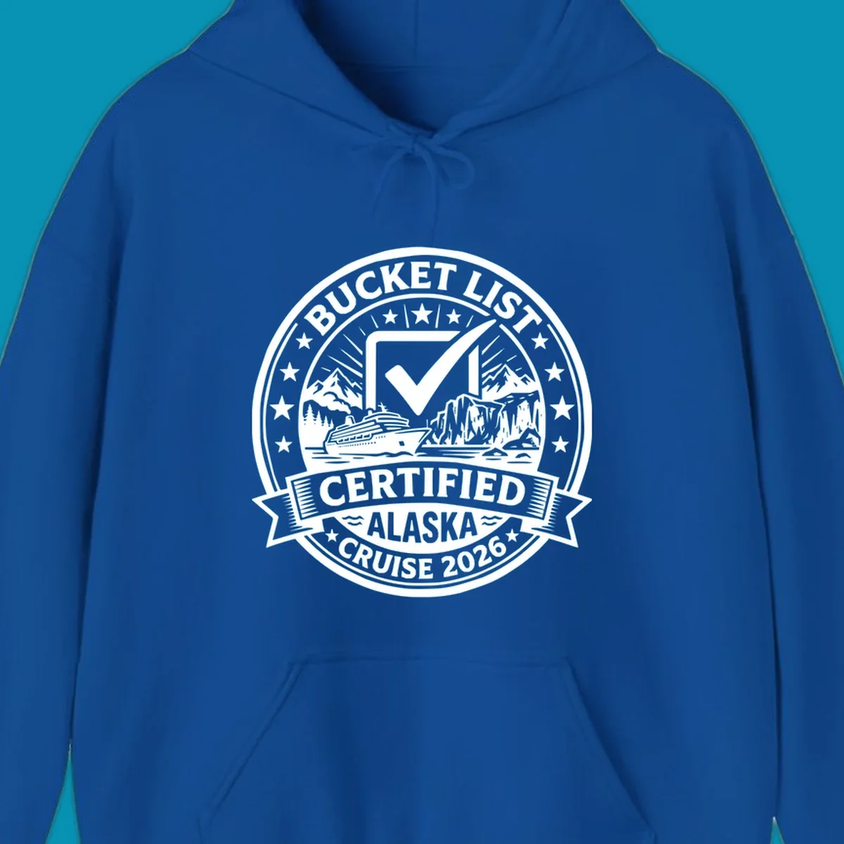 Bucket list certified Alaska cruise 2026 badge design with checkmark, cruise ship, glaciers, and mountains in circular seal format