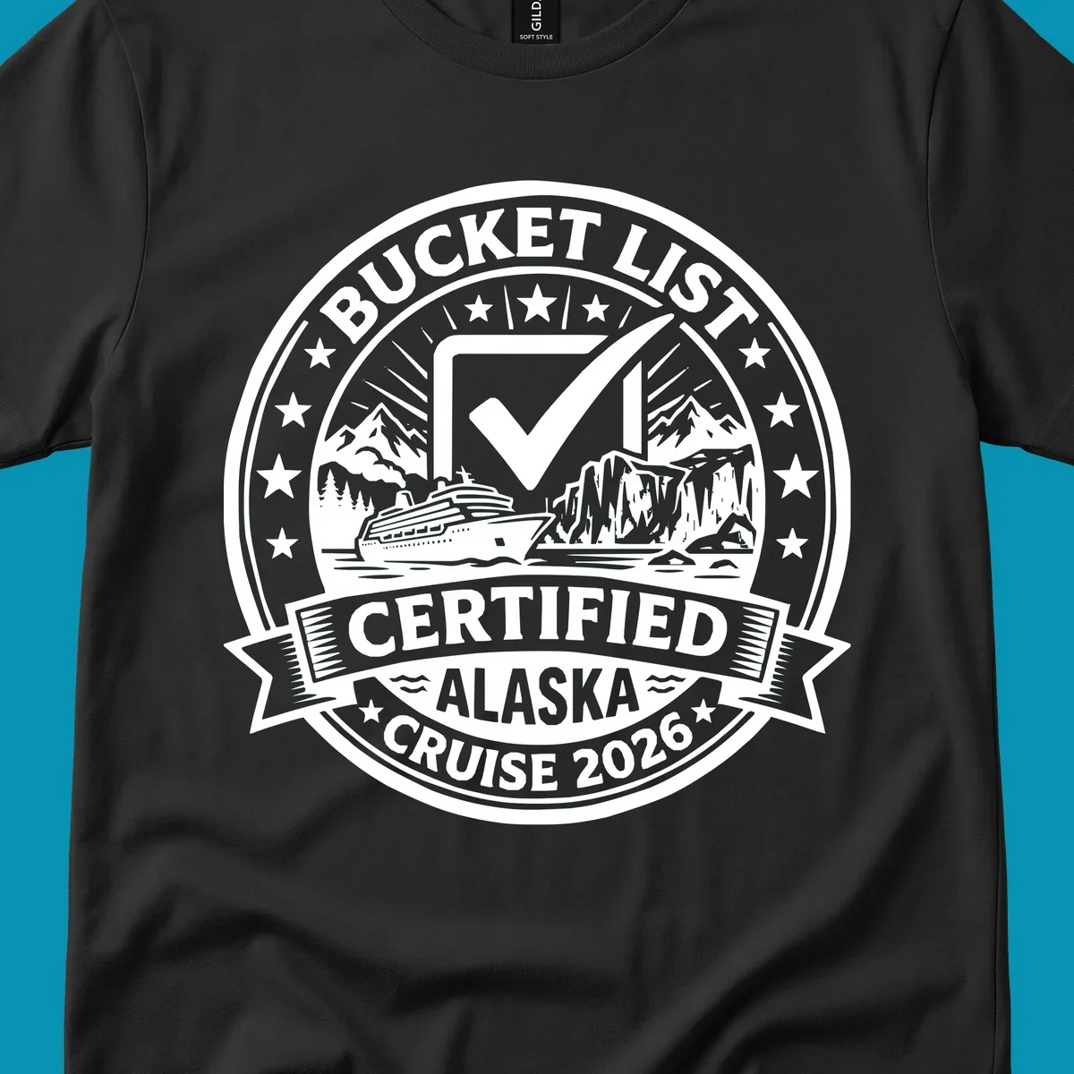 Bucket list certified Alaska cruise 2026 badge design with checkmark, cruise ship, glaciers, and mountains in circular seal format