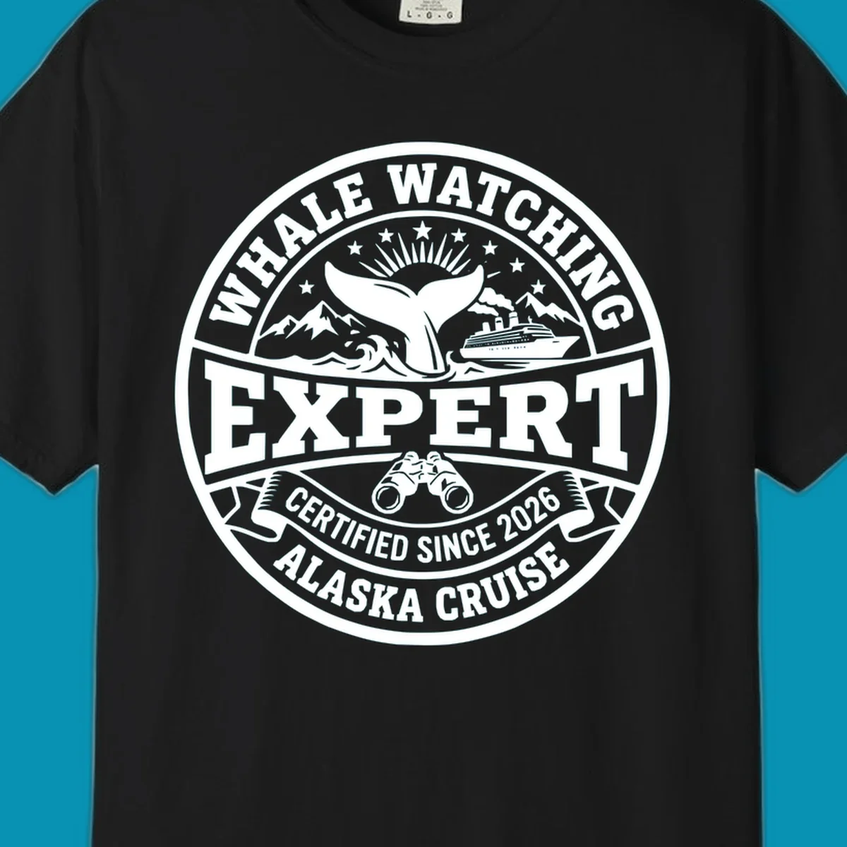 Circular whale watching expert badge with whale tail, cruise ship, mountains, binoculars, and 'Certified Since 2026 Alaska Cruise' text
