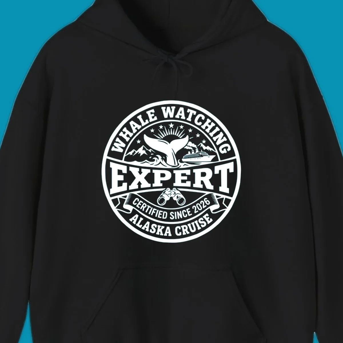 Circular whale watching expert badge with whale tail, cruise ship, mountains, binoculars, and 'Certified Since 2026 Alaska Cruise' text
