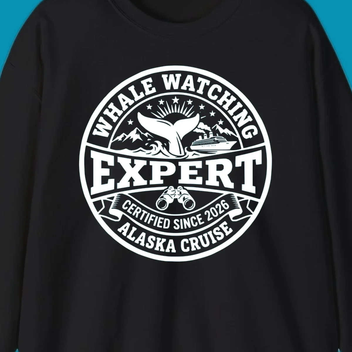 Circular whale watching expert badge with whale tail, cruise ship, mountains, binoculars, and 'Certified Since 2026 Alaska Cruise' text
