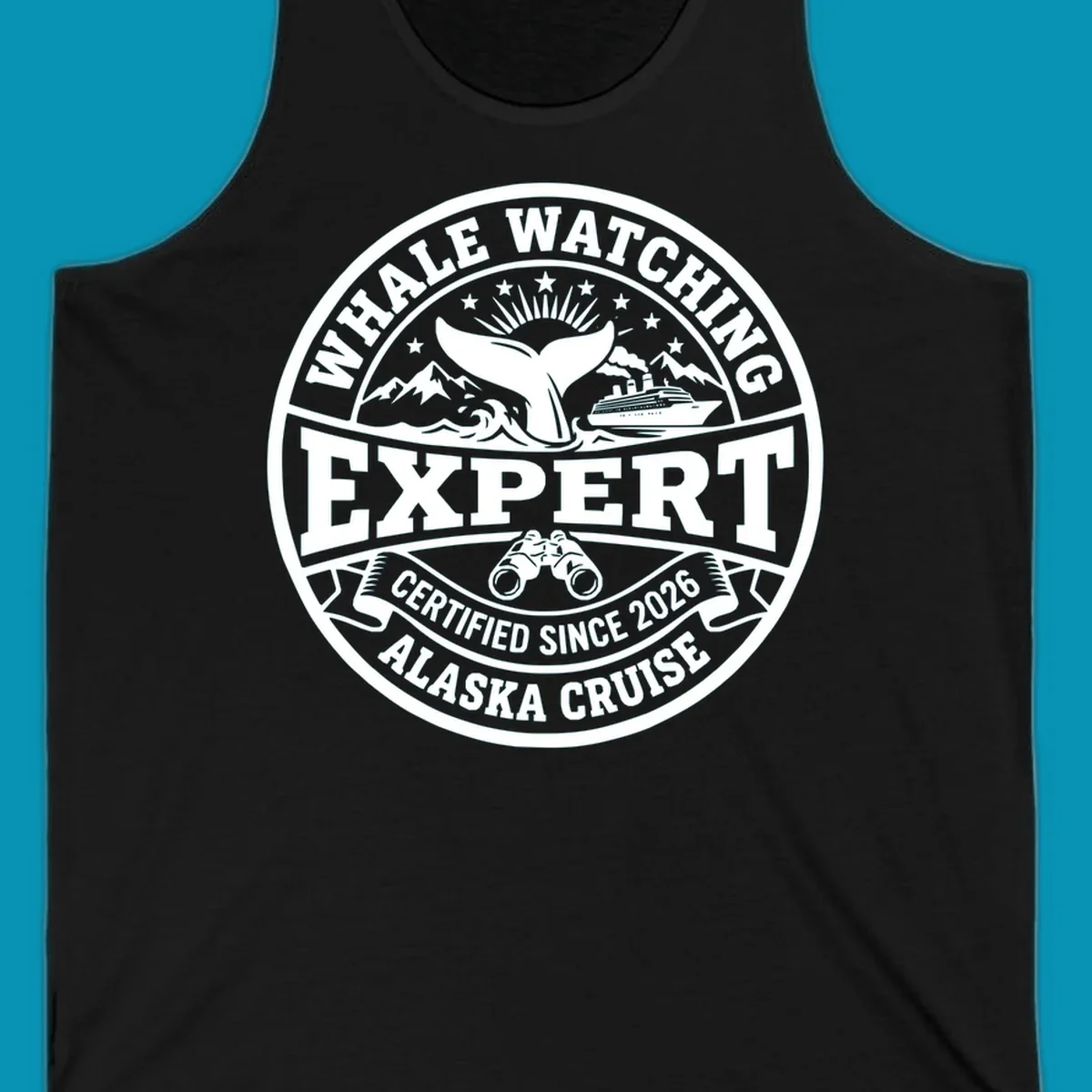 Circular whale watching expert badge with whale tail, cruise ship, mountains, binoculars, and 'Certified Since 2026 Alaska Cruise' text