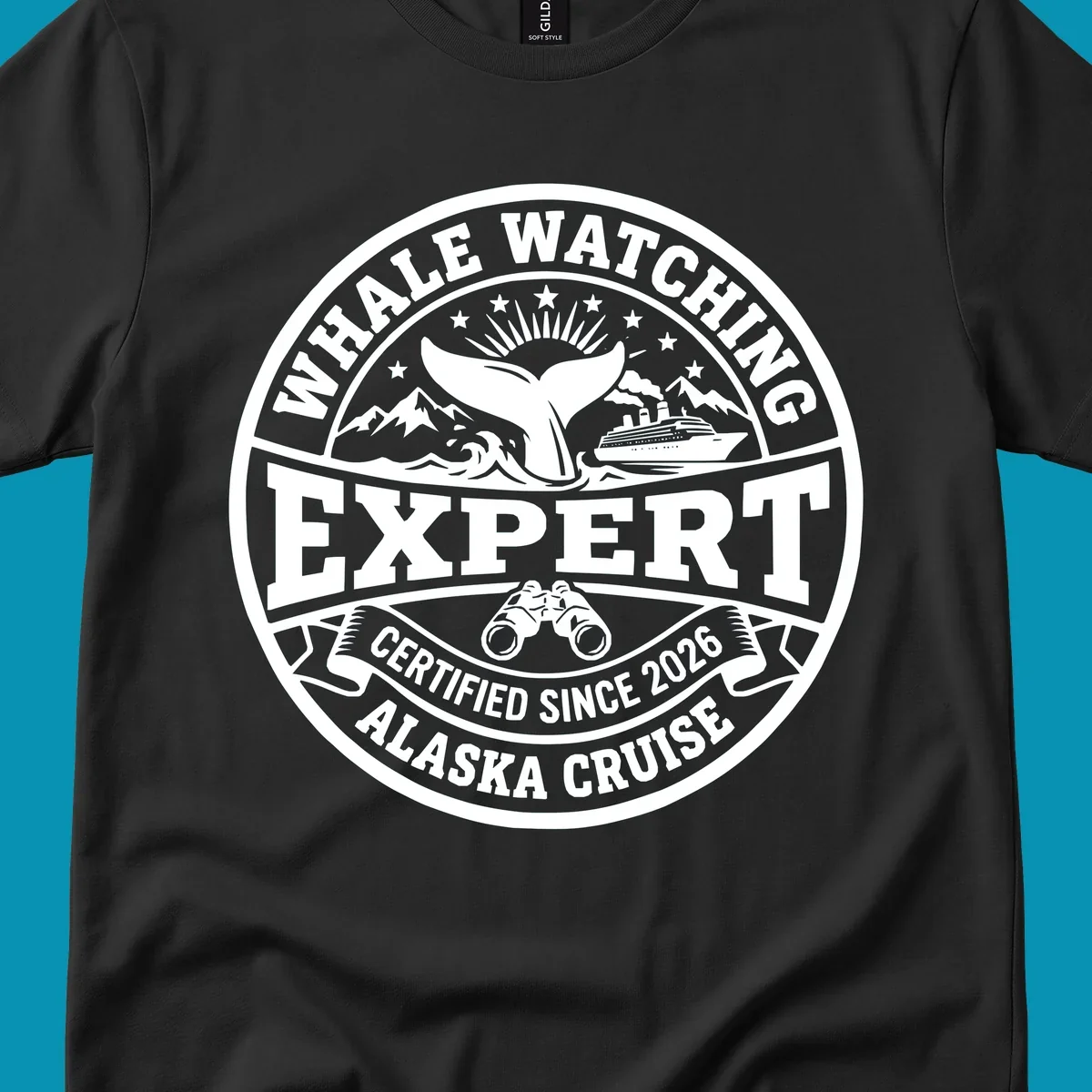 Circular whale watching expert badge with whale tail, cruise ship, mountains, binoculars, and 'Certified Since 2026 Alaska Cruise' text