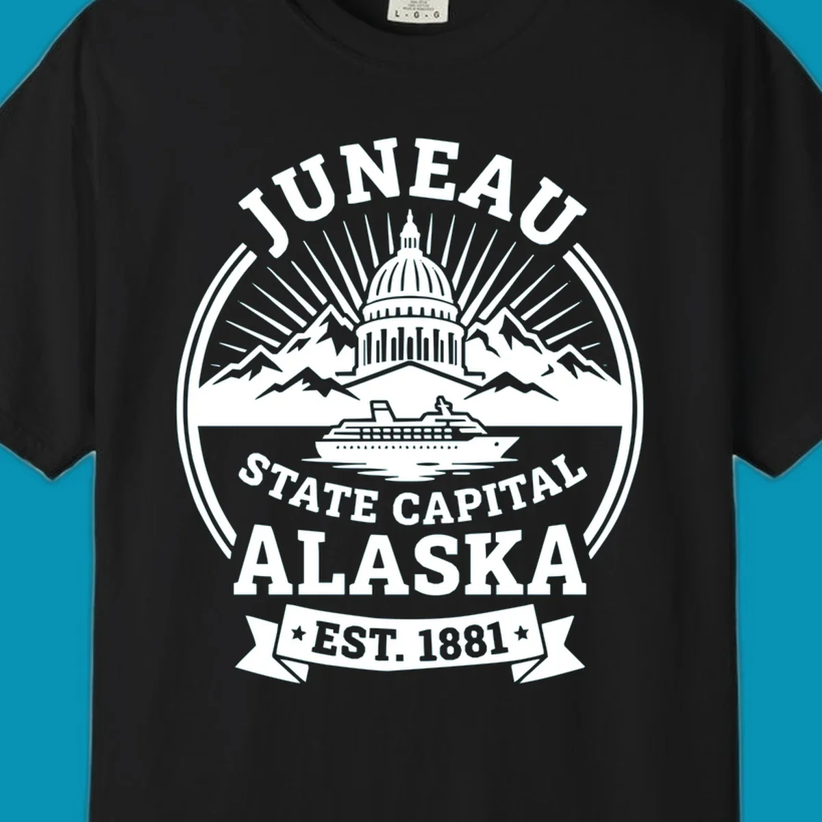 Circular Juneau State Capital Alaska cruise badge with Capitol dome, mountains, ship, and sunburst rays