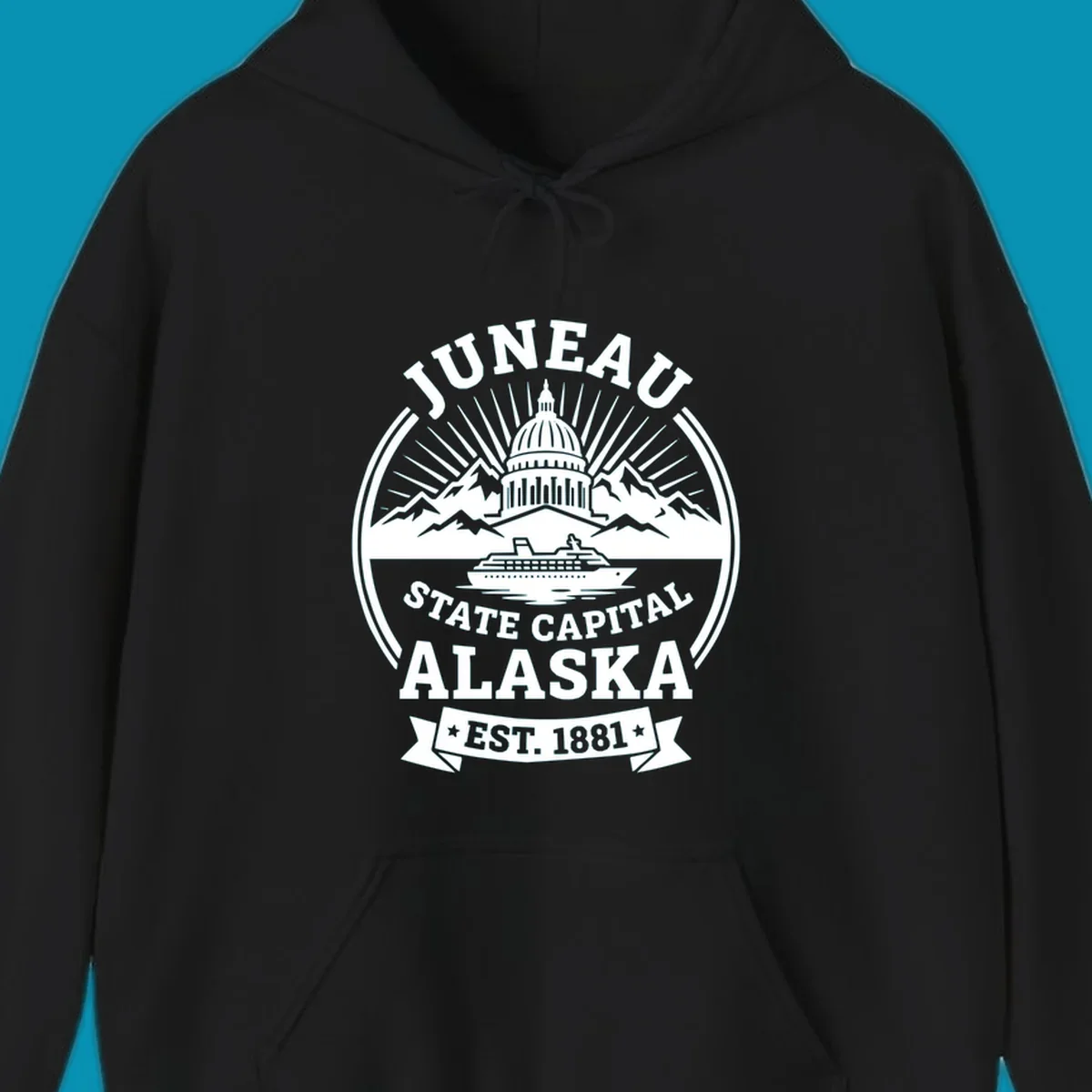 Circular Juneau State Capital Alaska cruise badge with Capitol dome, mountains, ship, and sunburst rays