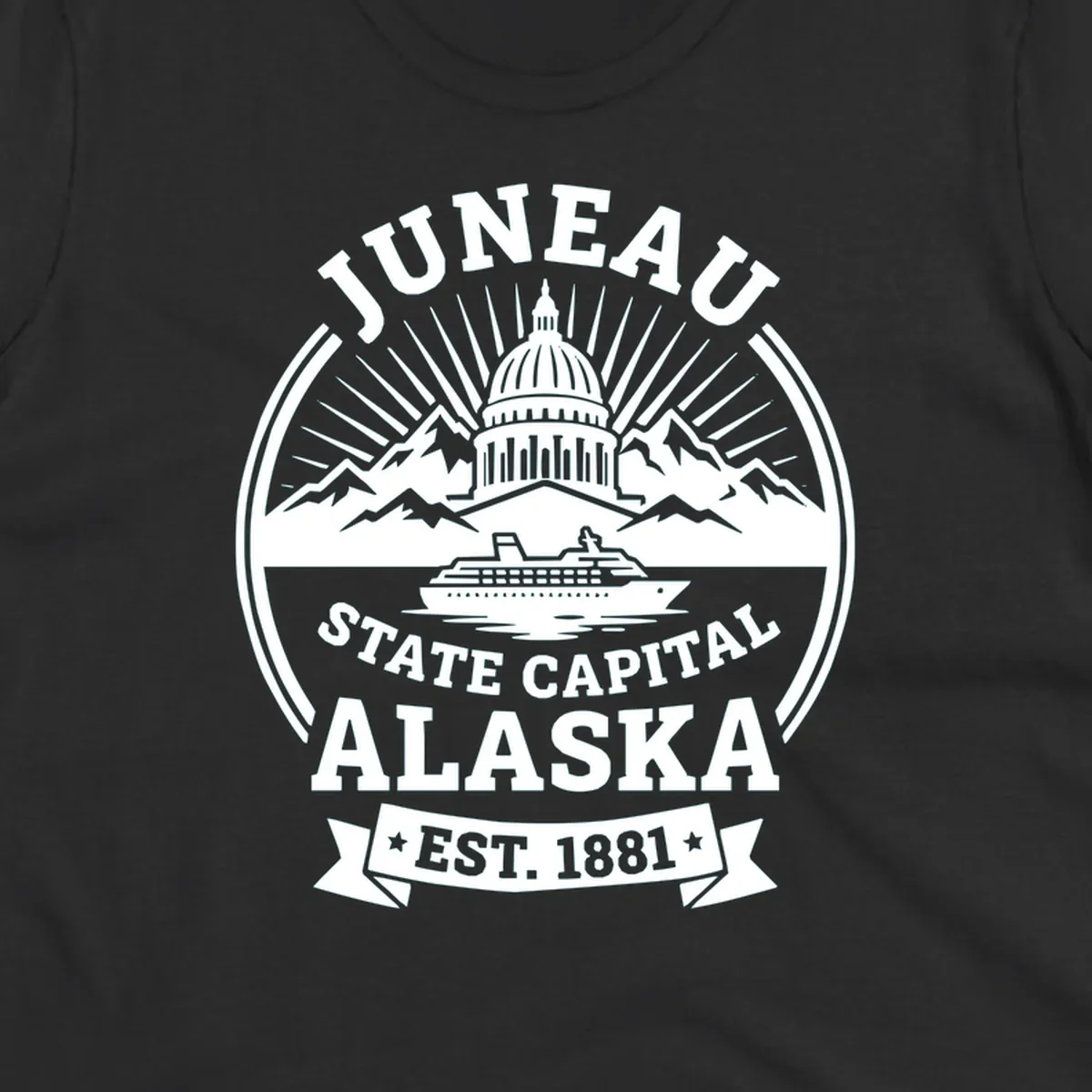 Circular Juneau State Capital Alaska cruise badge with Capitol dome, mountains, ship, and sunburst rays
