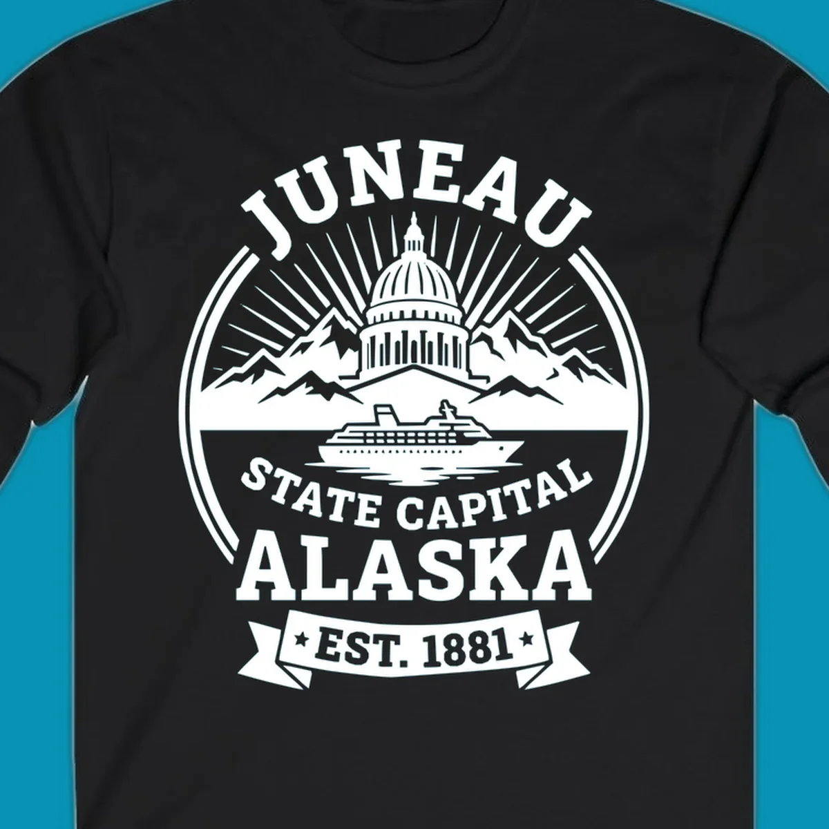 Circular Juneau State Capital Alaska cruise badge with Capitol dome, mountains, ship, and sunburst rays