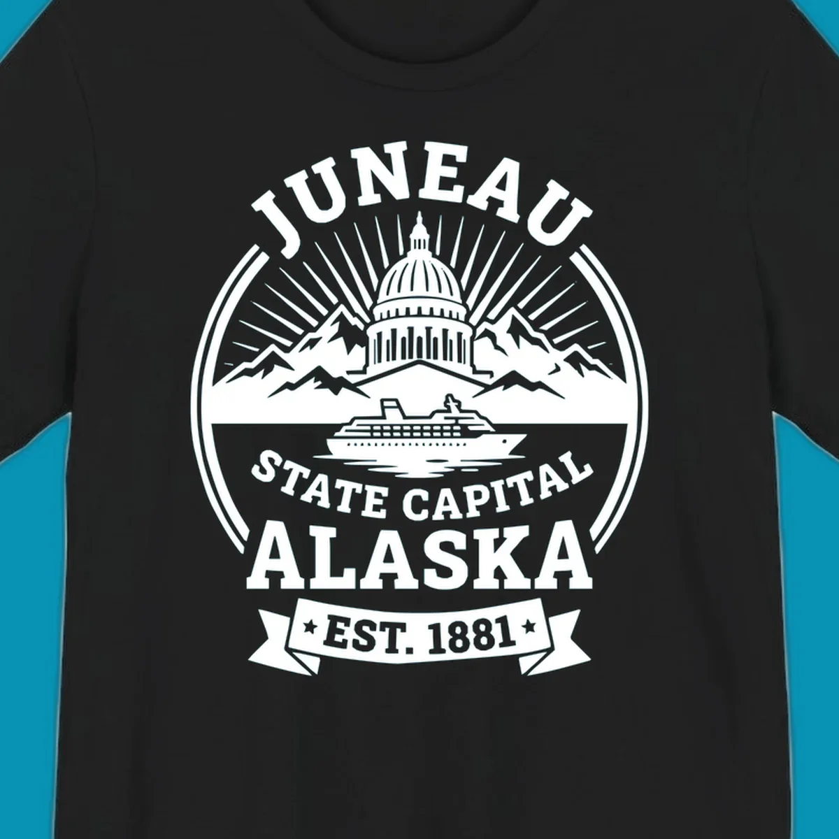 Circular Juneau State Capital Alaska cruise badge with Capitol dome, mountains, ship, and sunburst rays