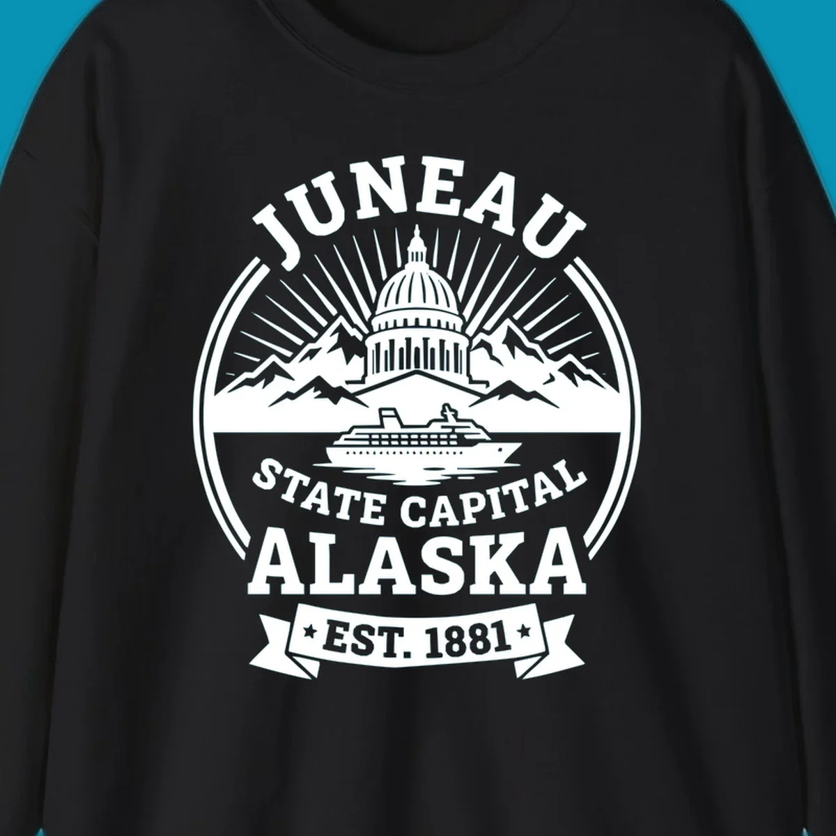 Circular Juneau State Capital Alaska cruise badge with Capitol dome, mountains, ship, and sunburst rays