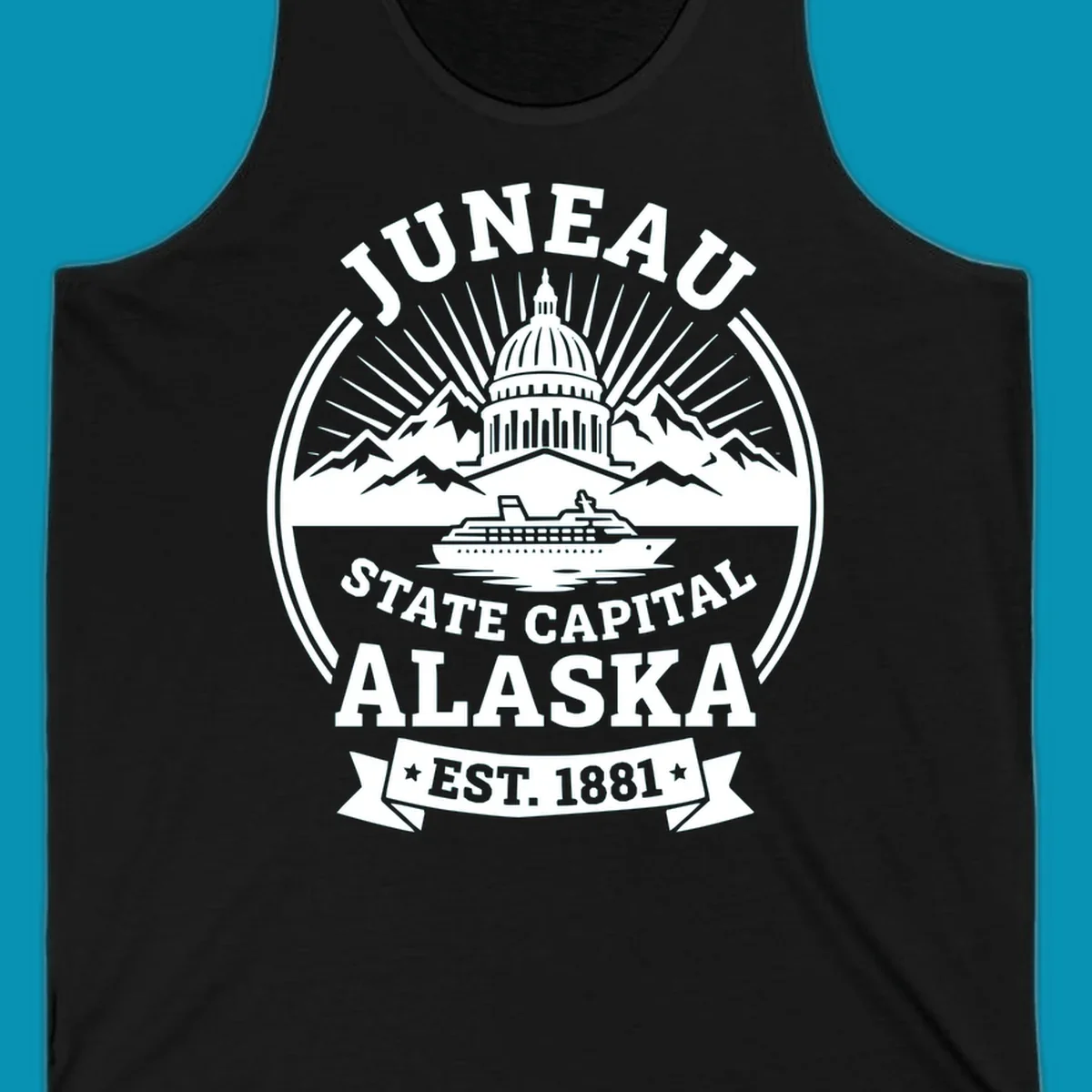Circular Juneau State Capital Alaska cruise badge with Capitol dome, mountains, ship, and sunburst rays