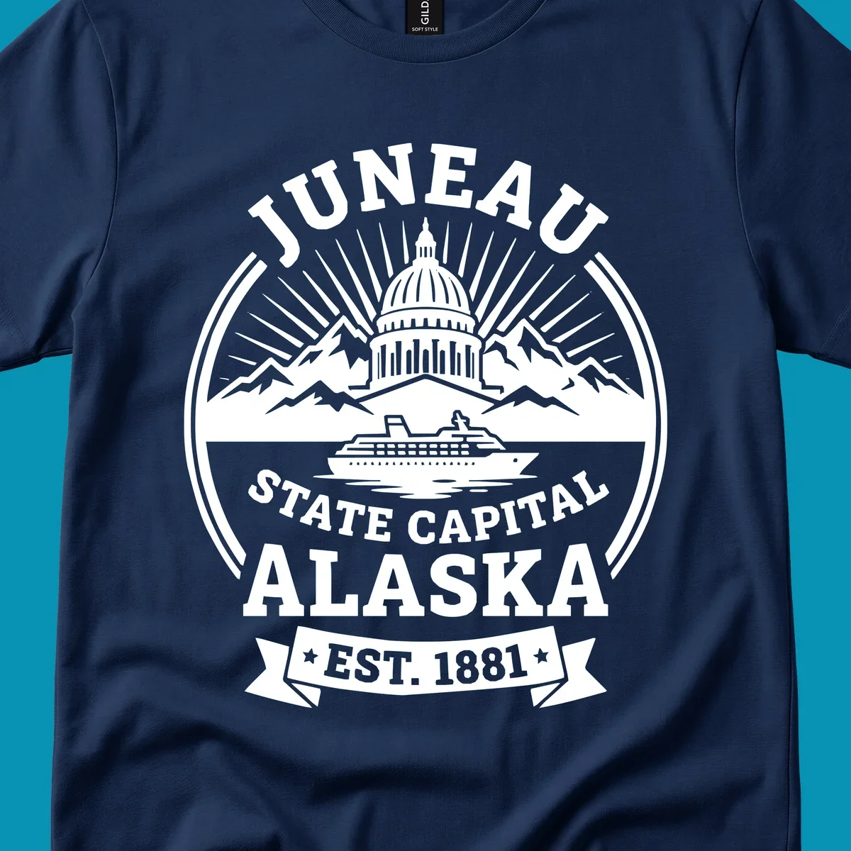 Circular Juneau State Capital Alaska cruise badge with Capitol dome, mountains, ship, and sunburst rays