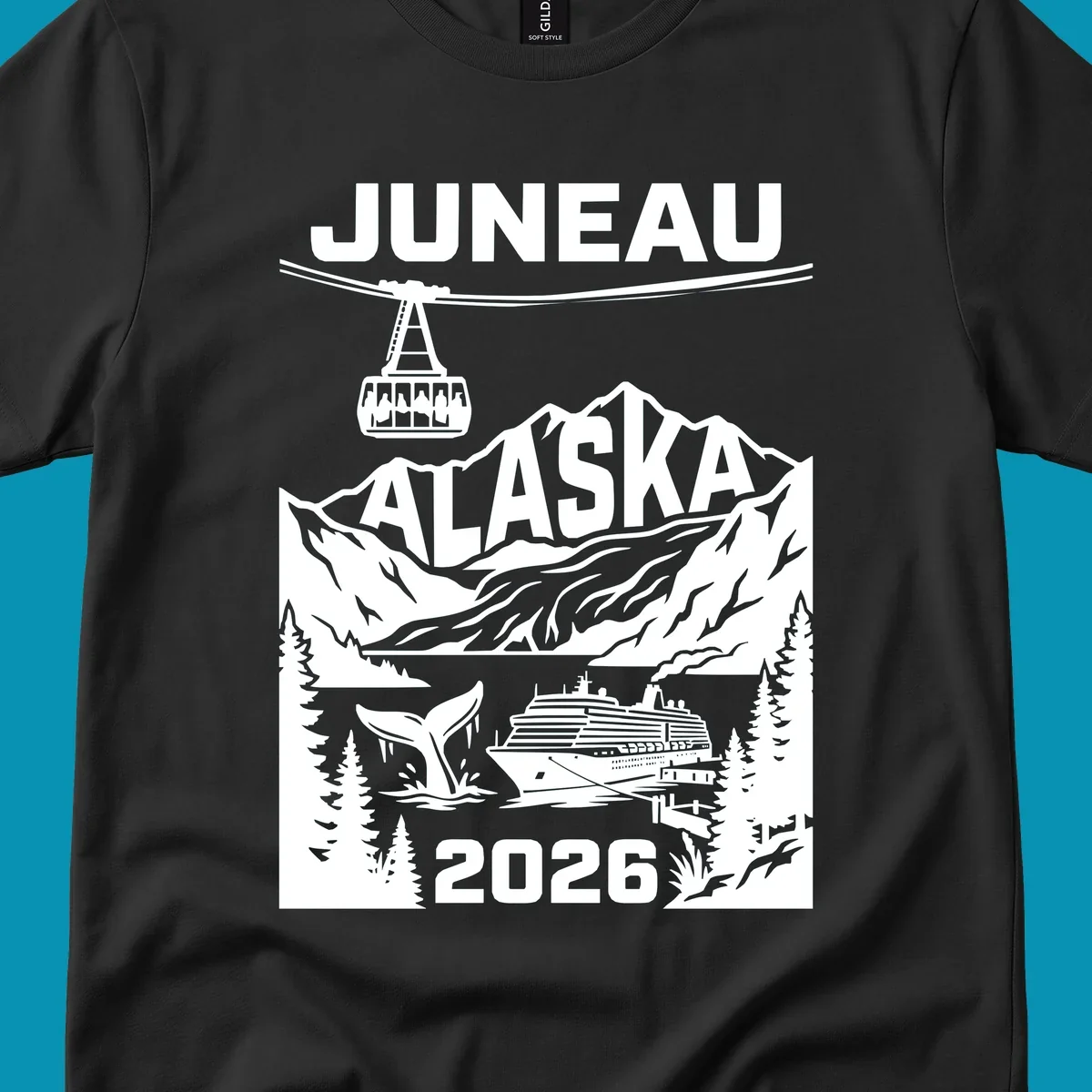 Alaska cruise-themed apparel design featuring vibrant vacation imagery for group-matching cruise shirts