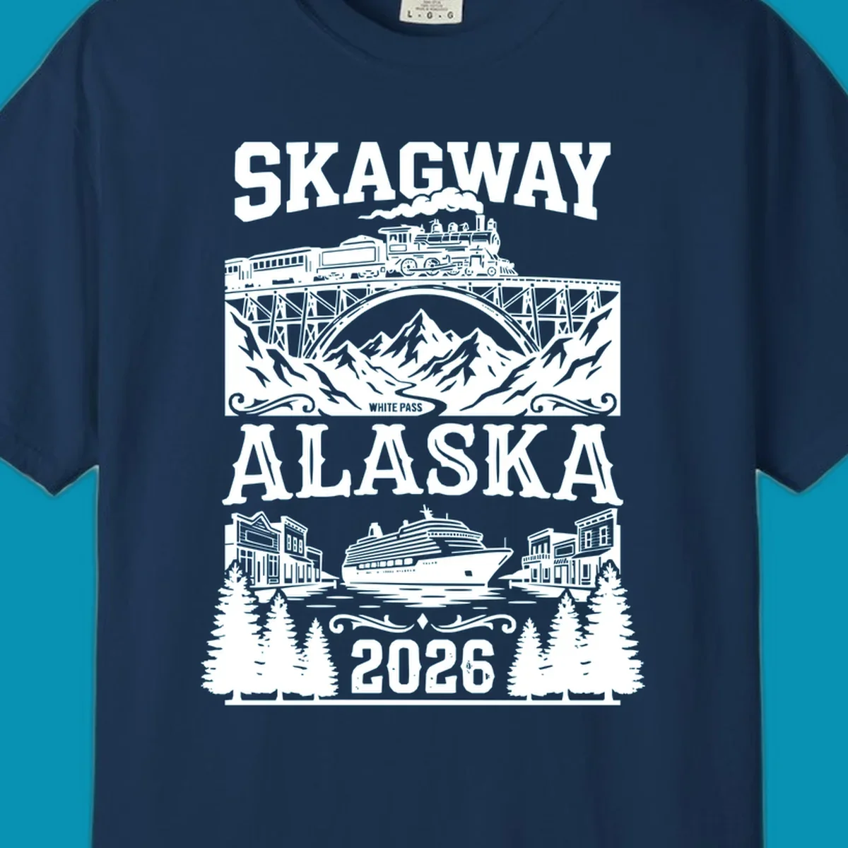 Vintage illustration of Skagway White Pass railroad crossing trestle bridge over mountains with cruise ship and historic buildings, 2026 Alaska design
