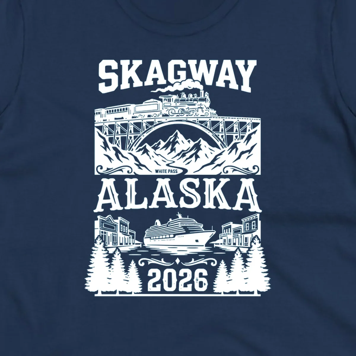 Vintage illustration of Skagway White Pass railroad crossing trestle bridge over mountains with cruise ship and historic buildings, 2026 Alaska design