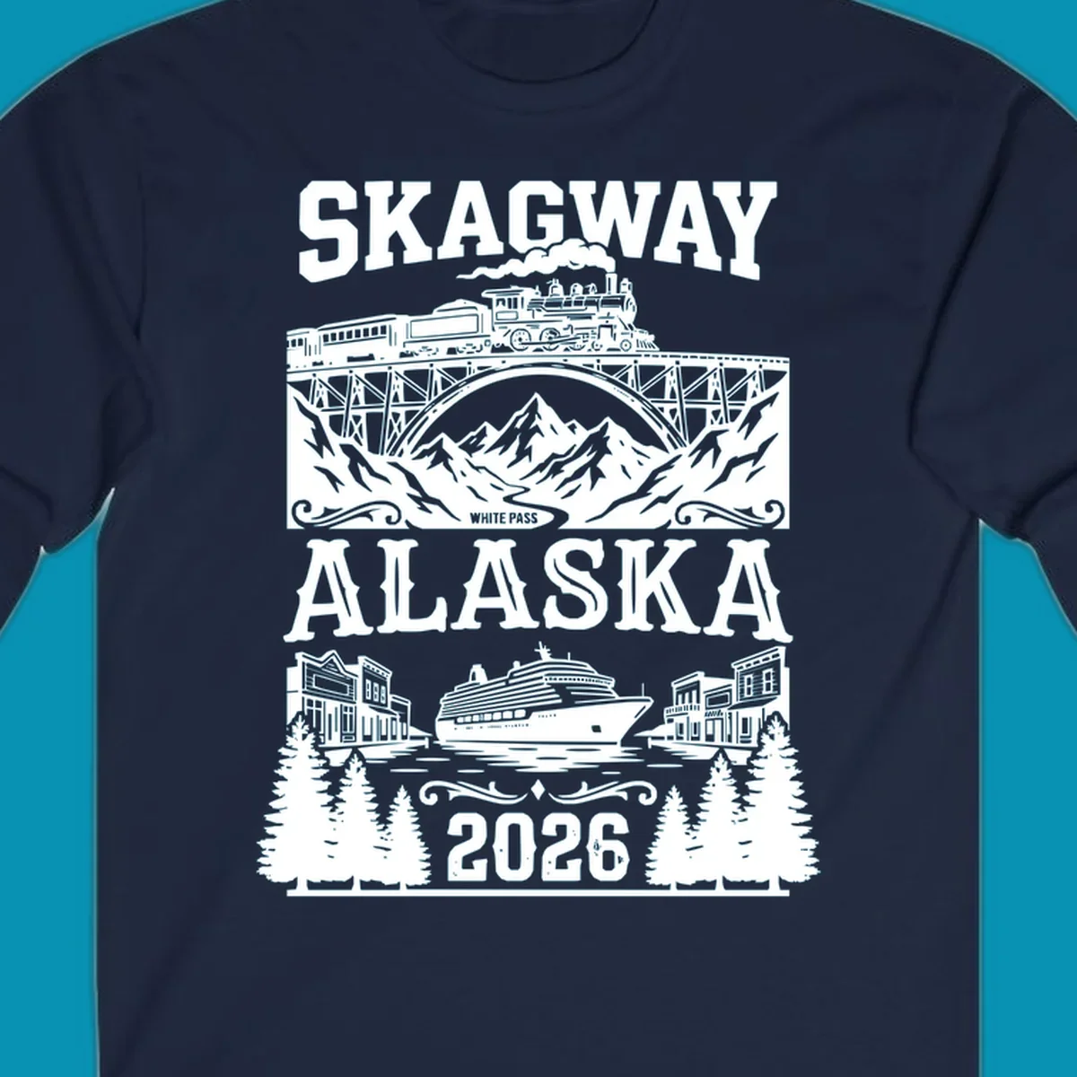 Vintage illustration of Skagway White Pass railroad crossing trestle bridge over mountains with cruise ship and historic buildings, 2026 Alaska design