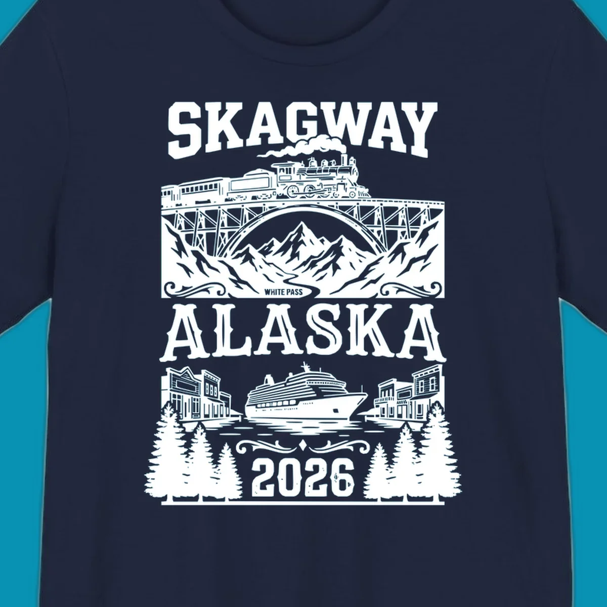 Vintage illustration of Skagway White Pass railroad crossing trestle bridge over mountains with cruise ship and historic buildings, 2026 Alaska design