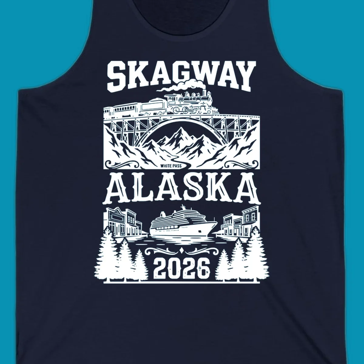 Vintage illustration of Skagway White Pass railroad crossing trestle bridge over mountains with cruise ship and historic buildings, 2026 Alaska design