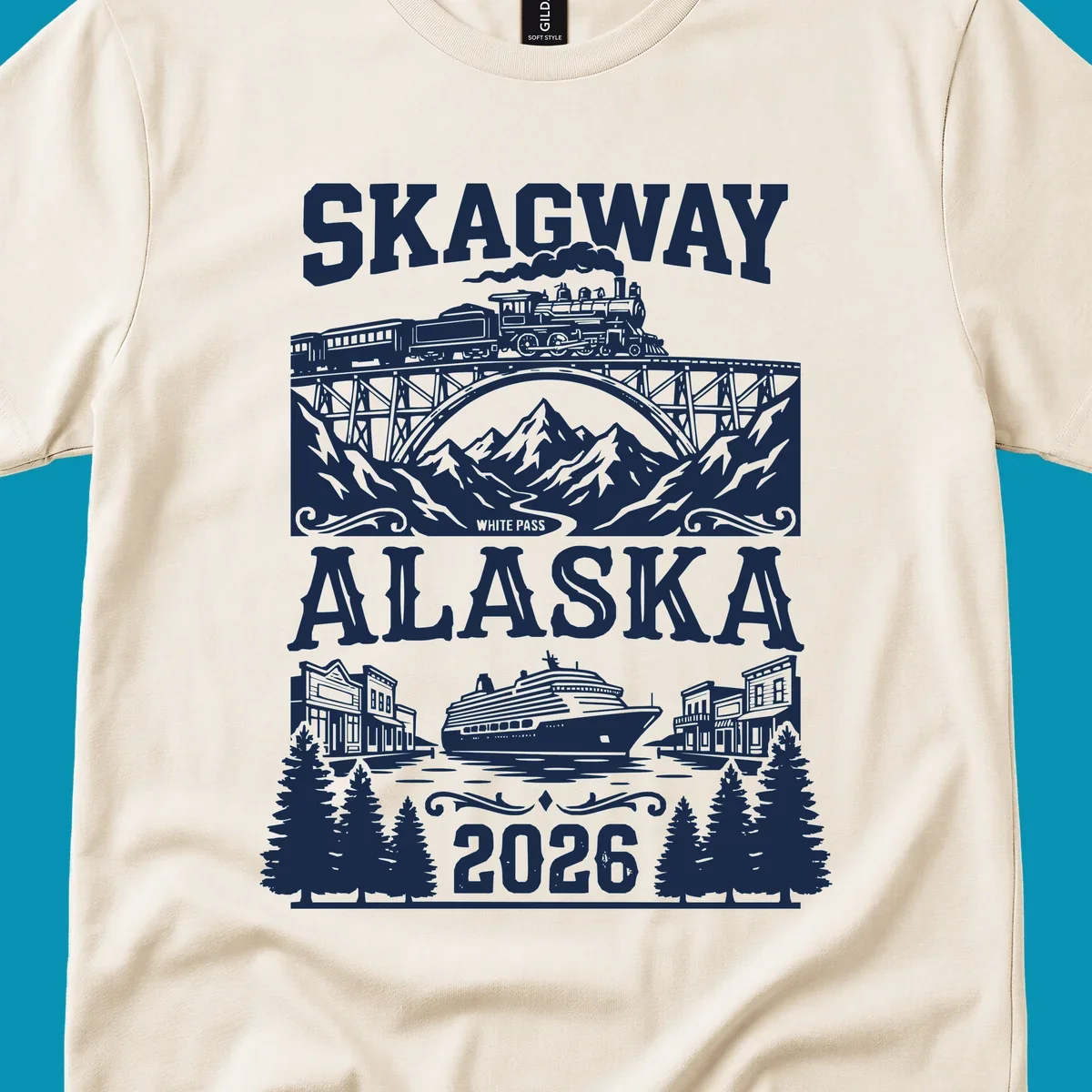 Vintage illustration of Skagway White Pass railroad crossing trestle bridge over mountains with cruise ship and historic buildings, 2026 Alaska design
