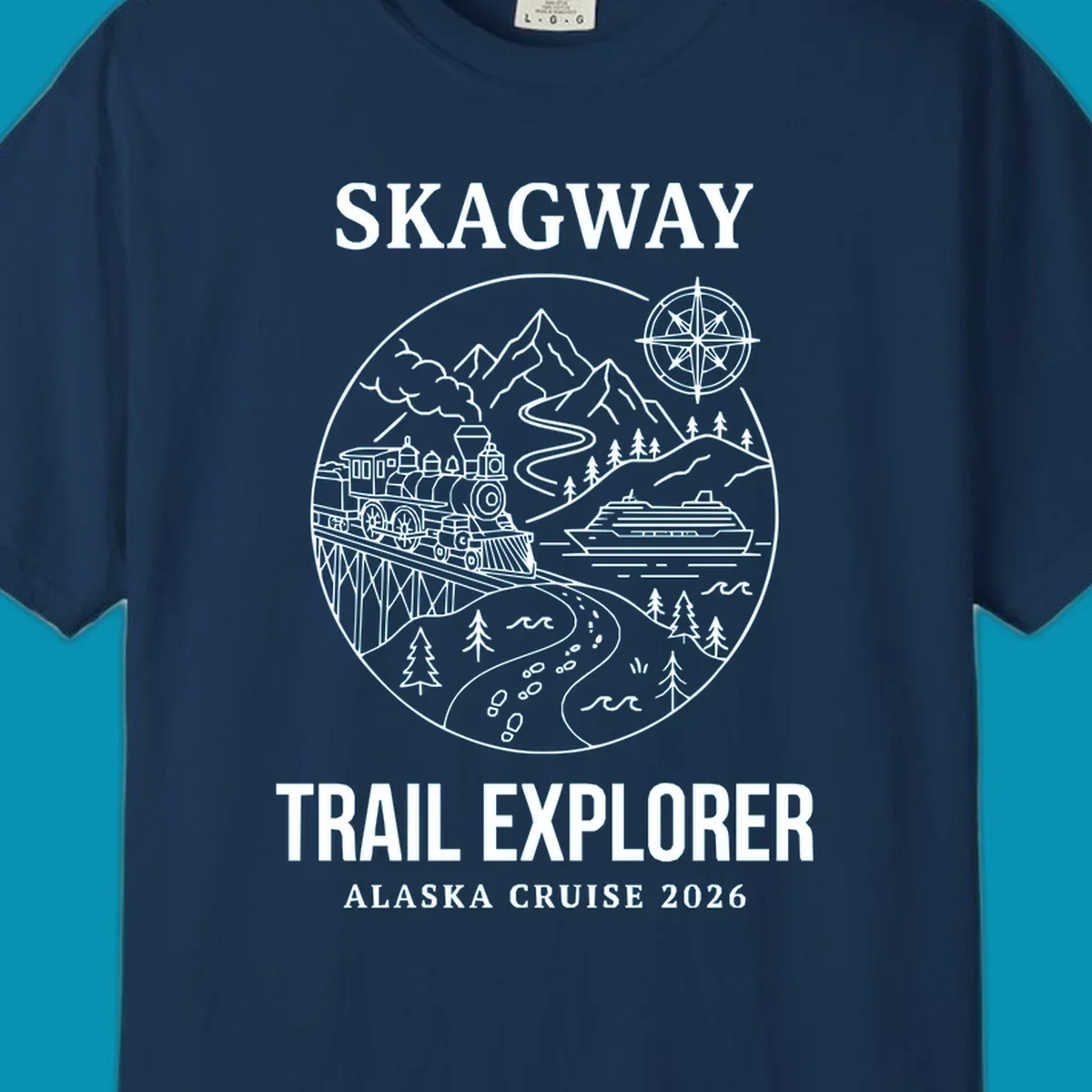 Skagway trail explorer circular badge design featuring vintage steam train, cruise ship, mountains, and forest trails for Alaska cruise apparel