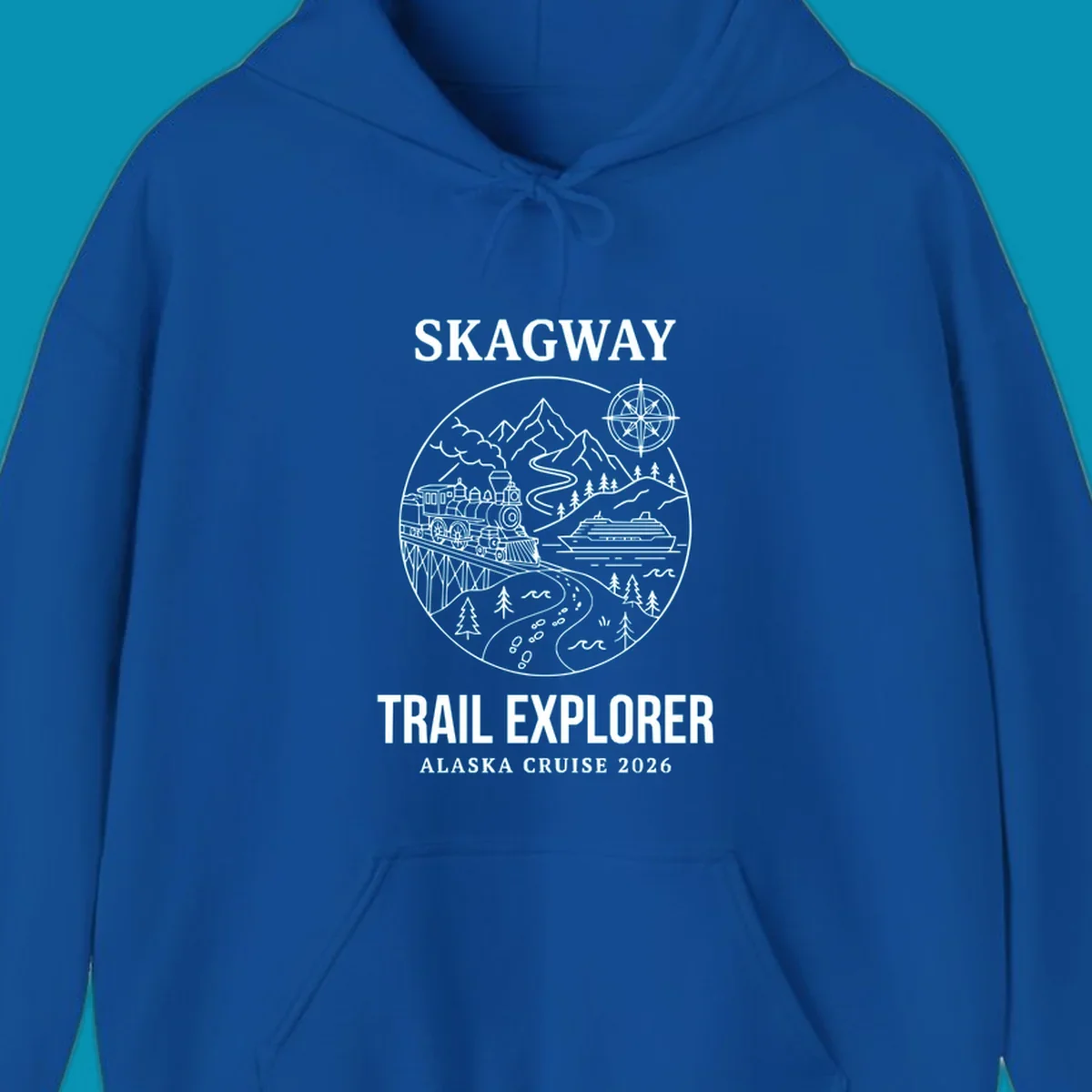 Skagway trail explorer circular badge design featuring vintage steam train, cruise ship, mountains, and forest trails for Alaska cruise apparel