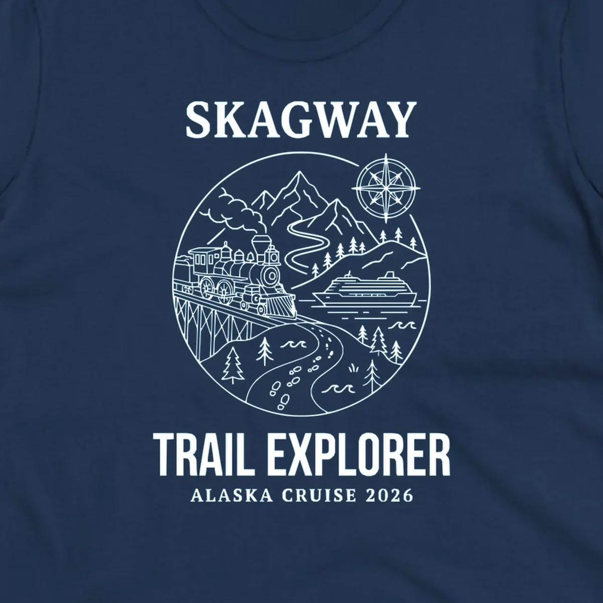 Skagway trail explorer circular badge design featuring vintage steam train, cruise ship, mountains, and forest trails for Alaska cruise apparel