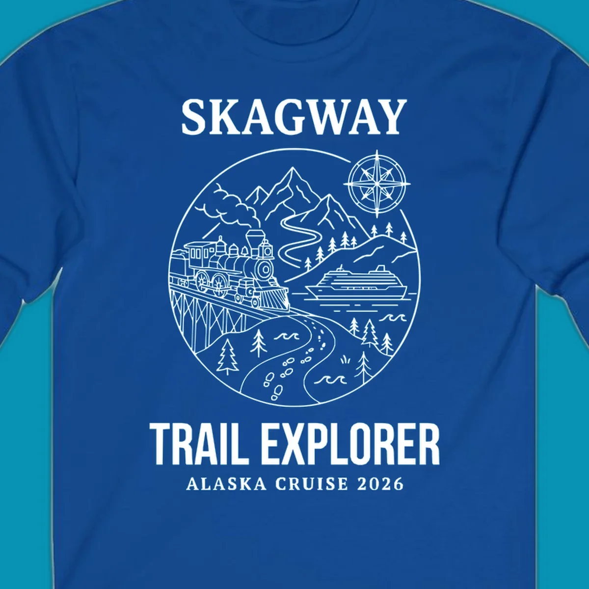 Skagway trail explorer circular badge design featuring vintage steam train, cruise ship, mountains, and forest trails for Alaska cruise apparel