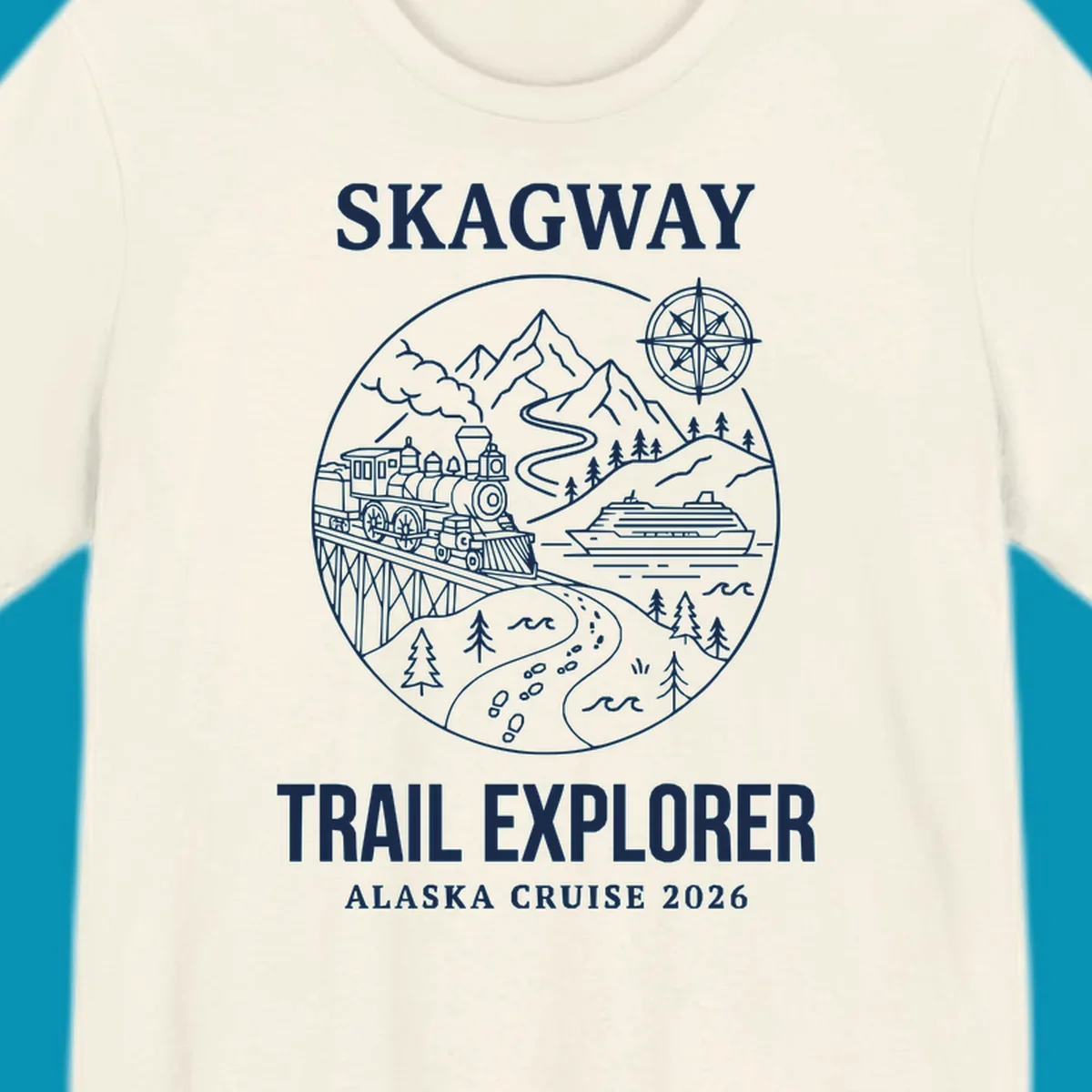 Skagway trail explorer circular badge design featuring vintage steam train, cruise ship, mountains, and forest trails for Alaska cruise apparel
