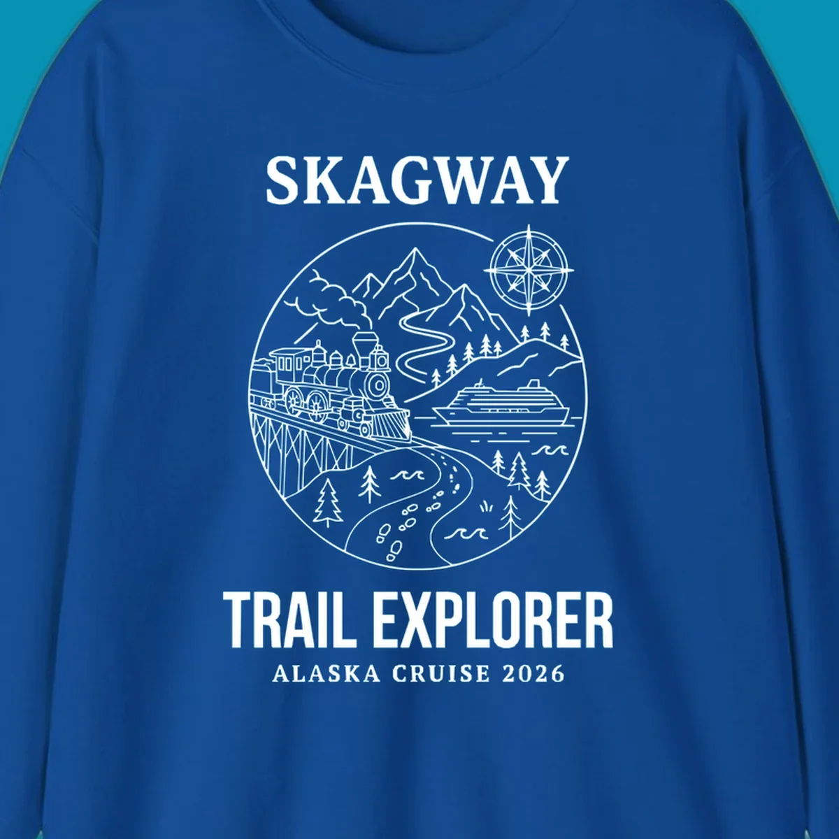 Skagway trail explorer circular badge design featuring vintage steam train, cruise ship, mountains, and forest trails for Alaska cruise apparel