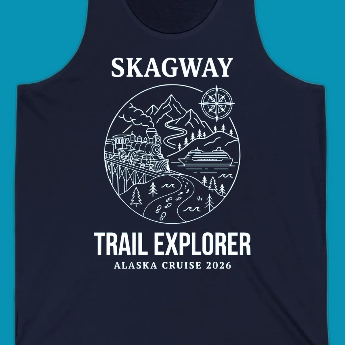 Skagway trail explorer circular badge design featuring vintage steam train, cruise ship, mountains, and forest trails for Alaska cruise apparel