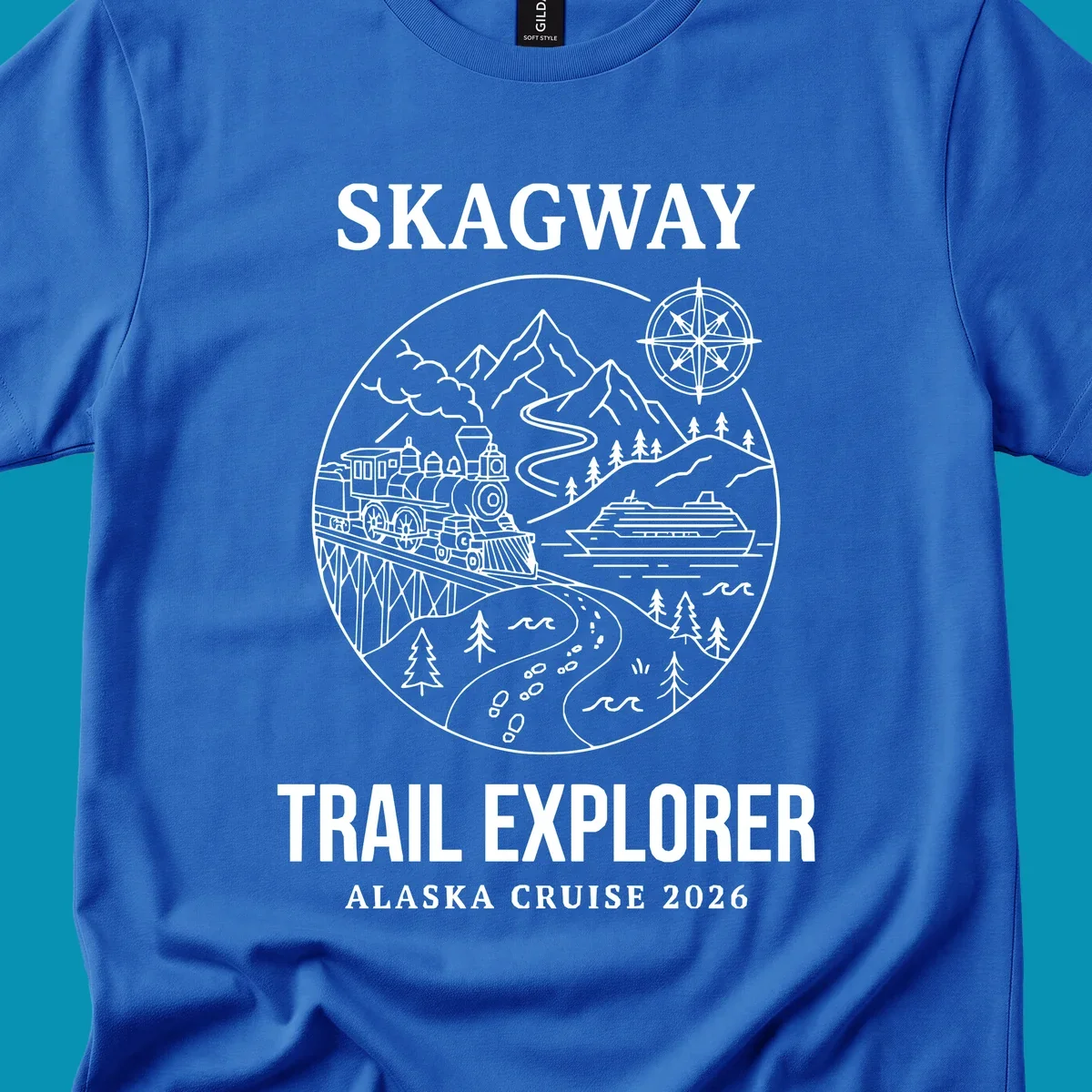 Skagway trail explorer circular badge design featuring vintage steam train, cruise ship, mountains, and forest trails for Alaska cruise apparel