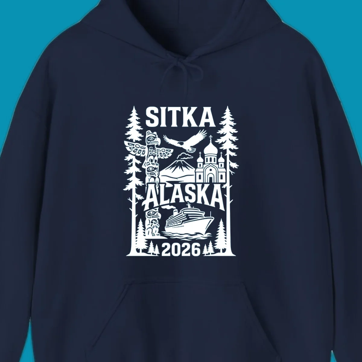 Sitka Alaska cruise heritage design with totem poles, Russian Orthodox cathedral, bald eagle, cruise ship, and evergreen trees