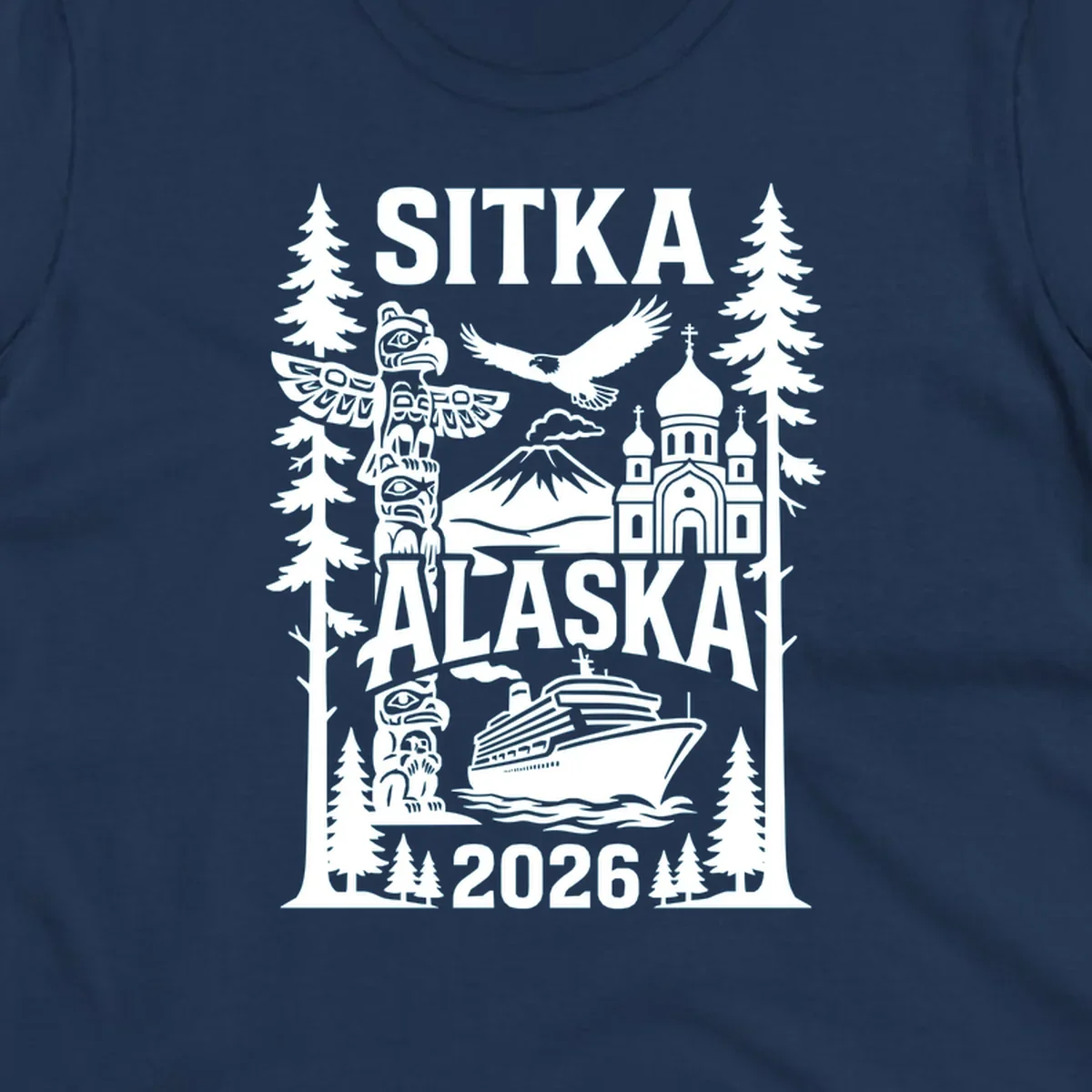 Sitka Alaska cruise heritage design with totem poles, Russian Orthodox cathedral, bald eagle, cruise ship, and evergreen trees
