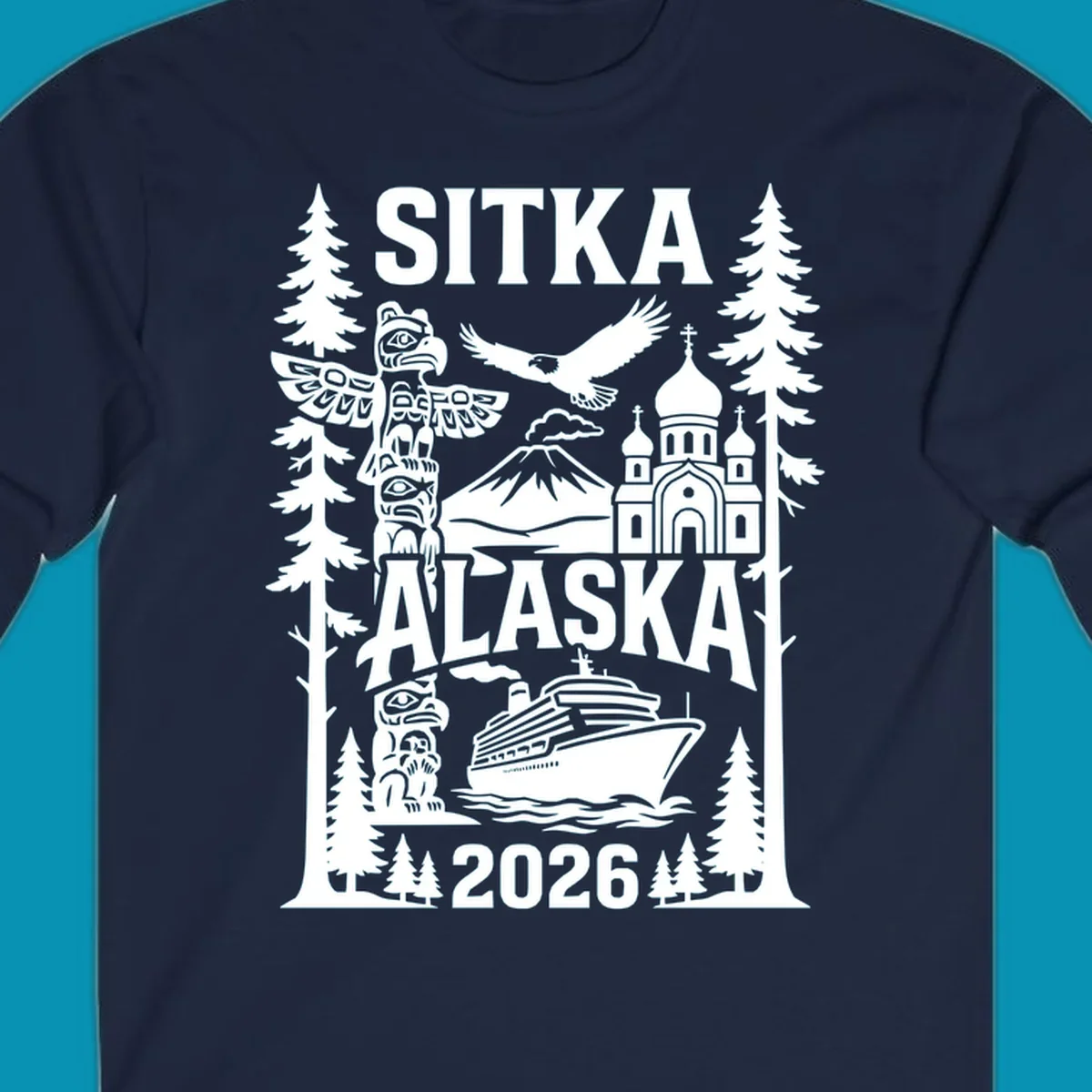 Sitka Alaska cruise heritage design with totem poles, Russian Orthodox cathedral, bald eagle, cruise ship, and evergreen trees