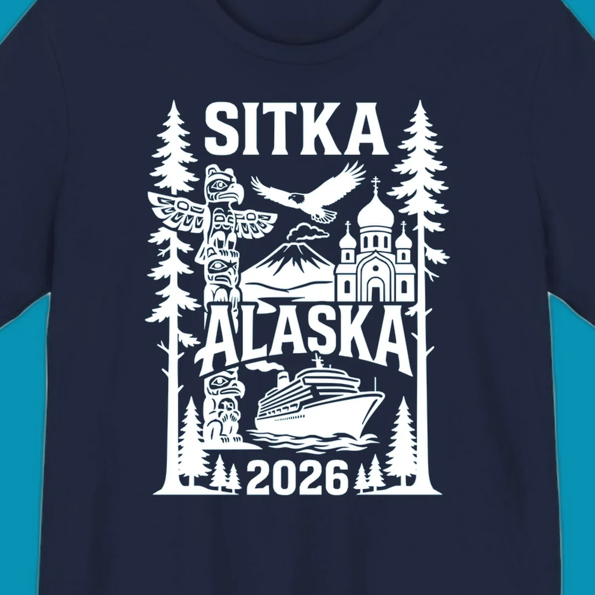 Sitka Alaska cruise heritage design with totem poles, Russian Orthodox cathedral, bald eagle, cruise ship, and evergreen trees