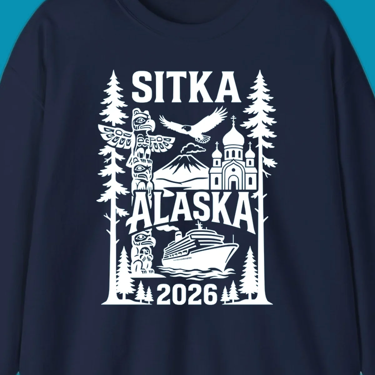Sitka Alaska cruise heritage design with totem poles, Russian Orthodox cathedral, bald eagle, cruise ship, and evergreen trees