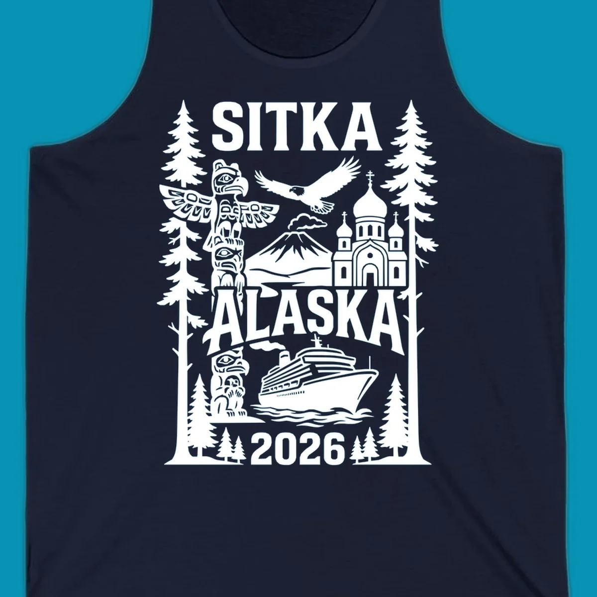 Sitka Alaska cruise heritage design with totem poles, Russian Orthodox cathedral, bald eagle, cruise ship, and evergreen trees