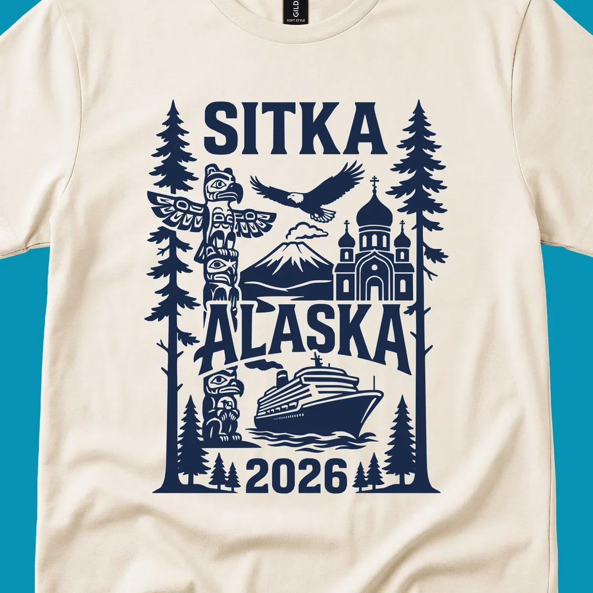 Sitka Alaska cruise heritage design with totem poles, Russian Orthodox cathedral, bald eagle, cruise ship, and evergreen trees
