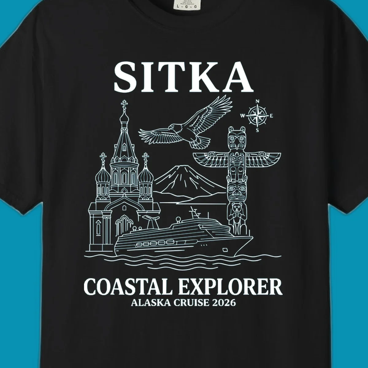 Sitka coastal explorer design featuring Russian Orthodox church, totem pole, bald eagle, cruise ship, and Mount Edgecumbe volcano in white line art on gray background