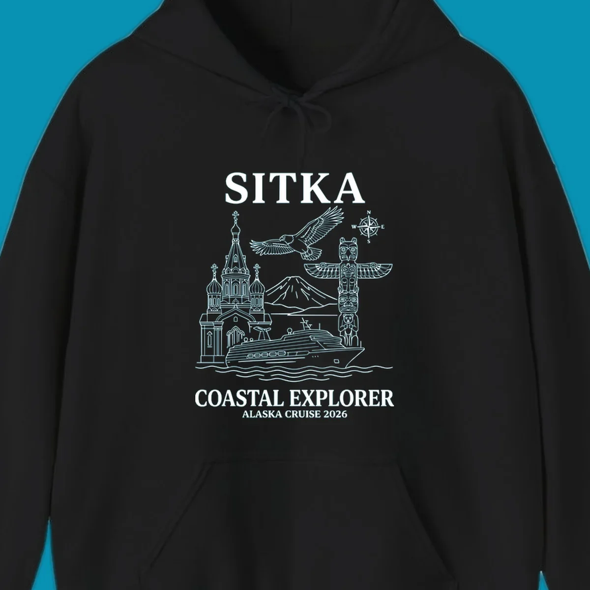 Sitka coastal explorer design featuring Russian Orthodox church, totem pole, bald eagle, cruise ship, and Mount Edgecumbe volcano in white line art on gray background