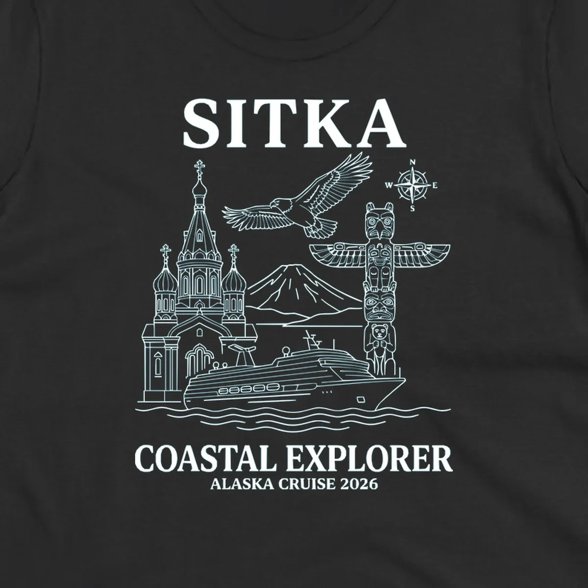 Sitka coastal explorer design featuring Russian Orthodox church, totem pole, bald eagle, cruise ship, and Mount Edgecumbe volcano in white line art on gray background
