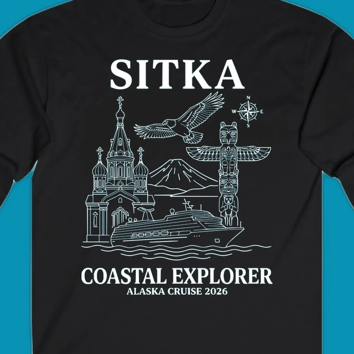 Sitka coastal explorer design featuring Russian Orthodox church, totem pole, bald eagle, cruise ship, and Mount Edgecumbe volcano in white line art on gray background