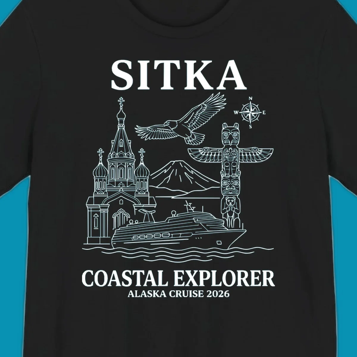 Sitka coastal explorer design featuring Russian Orthodox church, totem pole, bald eagle, cruise ship, and Mount Edgecumbe volcano in white line art on gray background