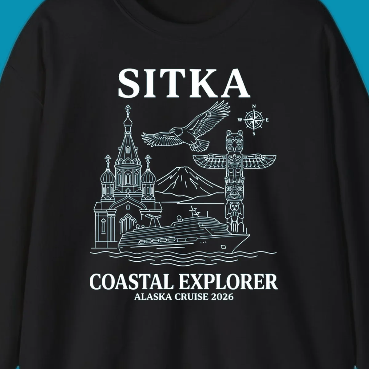 Sitka coastal explorer design featuring Russian Orthodox church, totem pole, bald eagle, cruise ship, and Mount Edgecumbe volcano in white line art on gray background