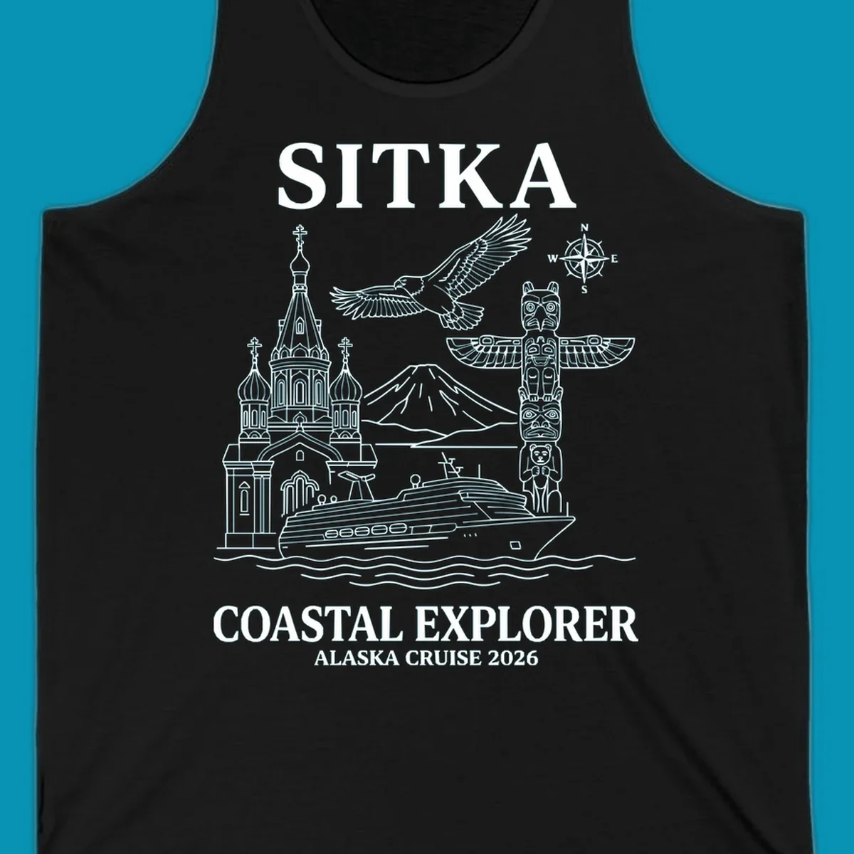 Sitka coastal explorer design featuring Russian Orthodox church, totem pole, bald eagle, cruise ship, and Mount Edgecumbe volcano in white line art on gray background