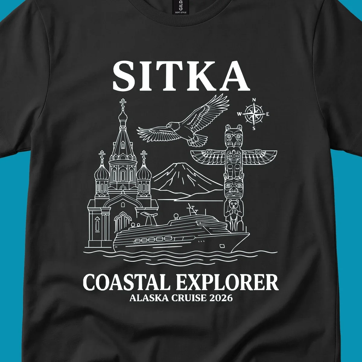 Sitka coastal explorer design featuring Russian Orthodox church, totem pole, bald eagle, cruise ship, and Mount Edgecumbe volcano in white line art on gray background