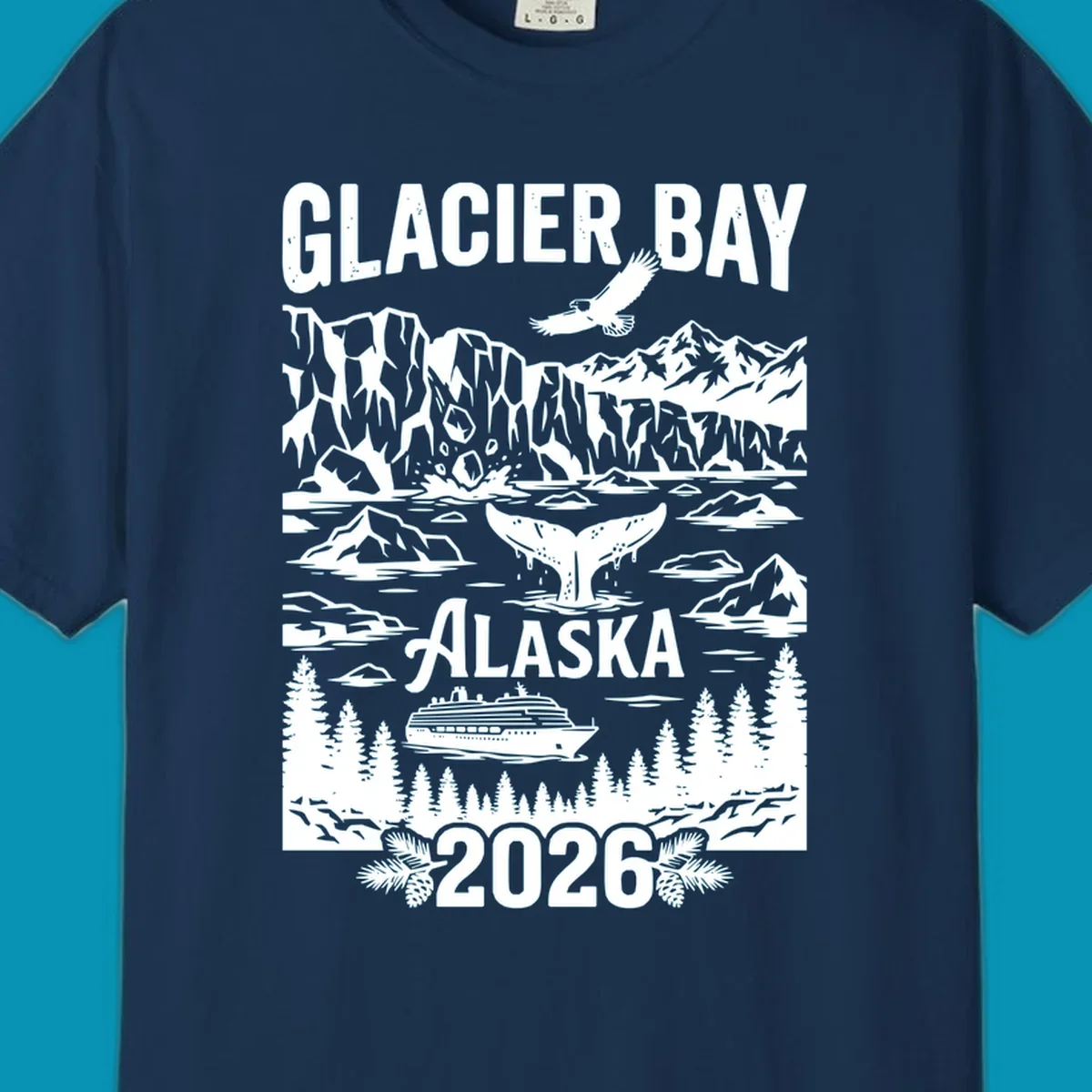 Glacier Bay cruise 2026 design featuring glaciers, bald eagle, whale tail, cruise ship, mountains, and evergreen trees in white illustration on gray background