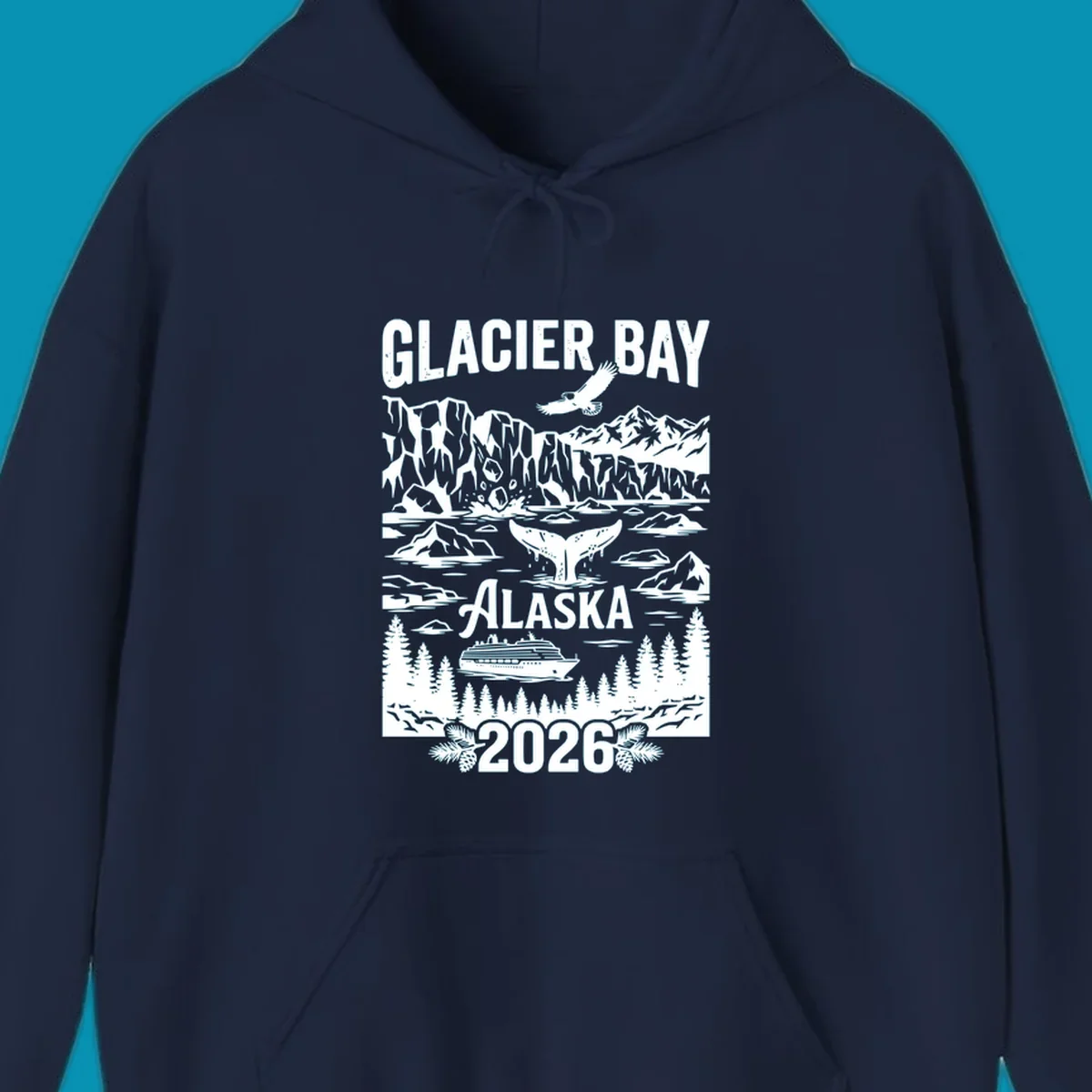 Glacier Bay cruise 2026 design featuring glaciers, bald eagle, whale tail, cruise ship, mountains, and evergreen trees in white illustration on gray background