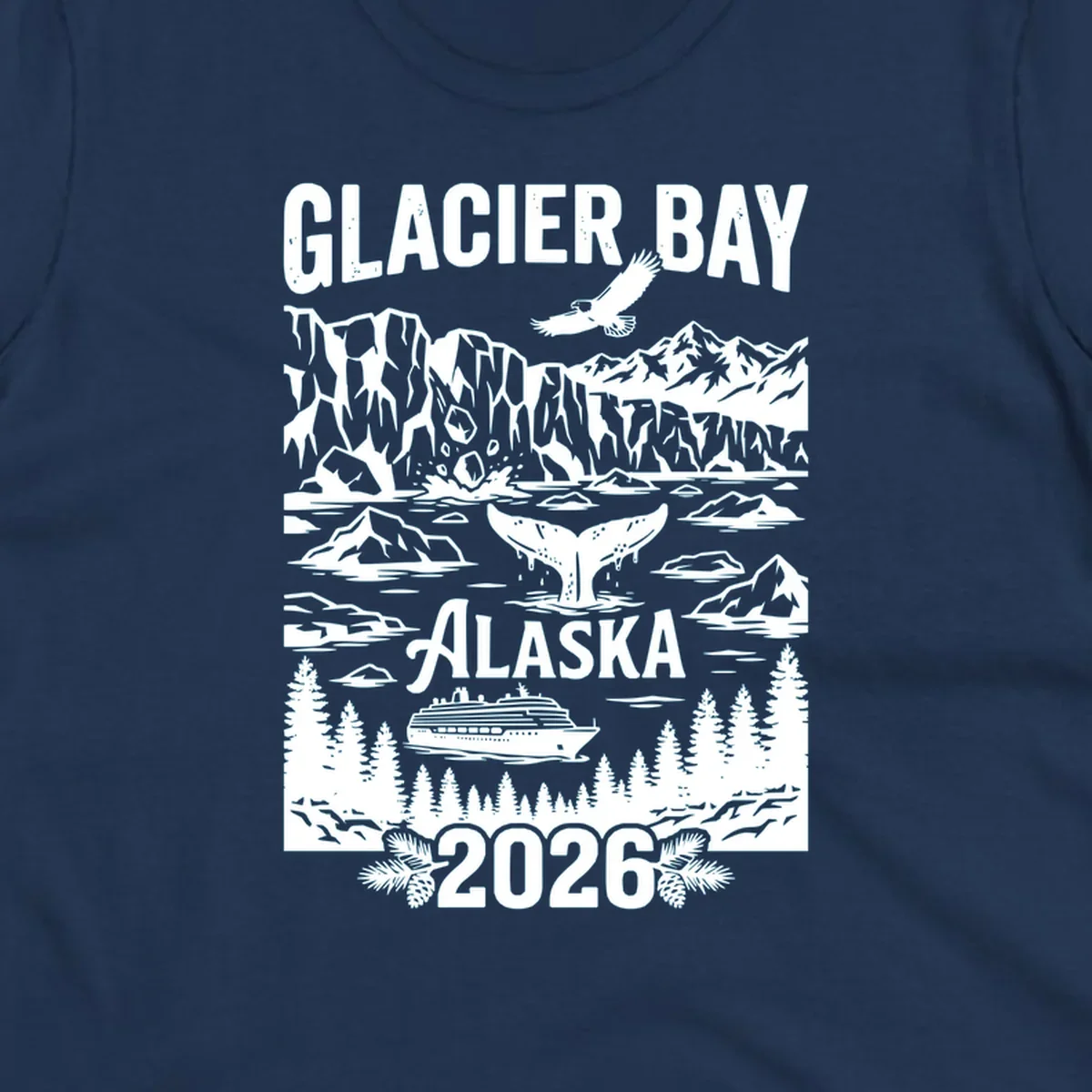 Glacier Bay cruise 2026 design featuring glaciers, bald eagle, whale tail, cruise ship, mountains, and evergreen trees in white illustration on gray background