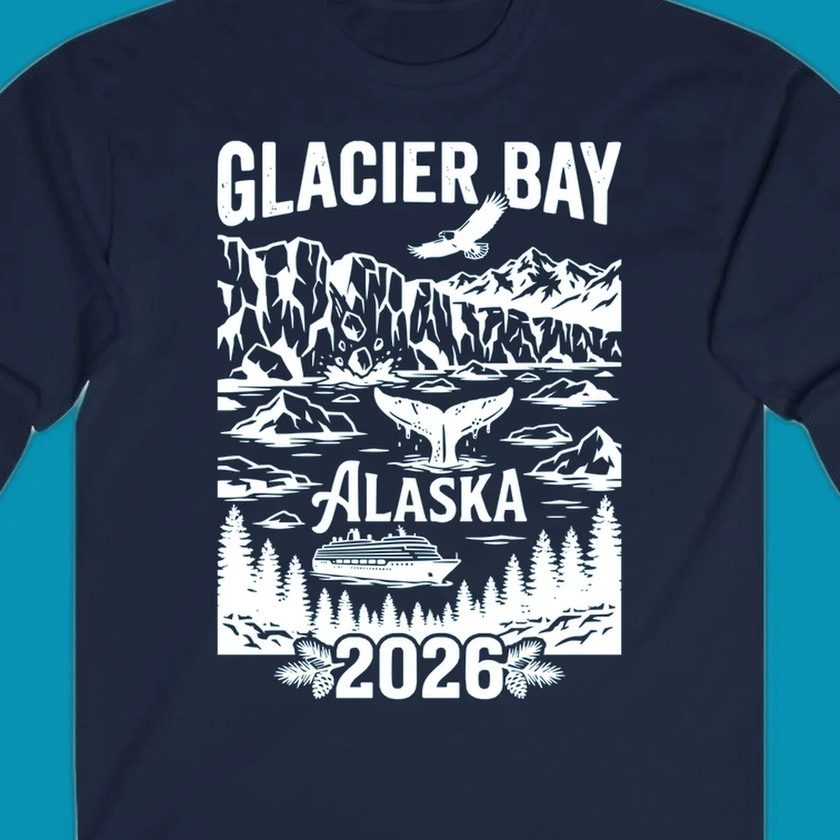 Glacier Bay cruise 2026 design featuring glaciers, bald eagle, whale tail, cruise ship, mountains, and evergreen trees in white illustration on gray background