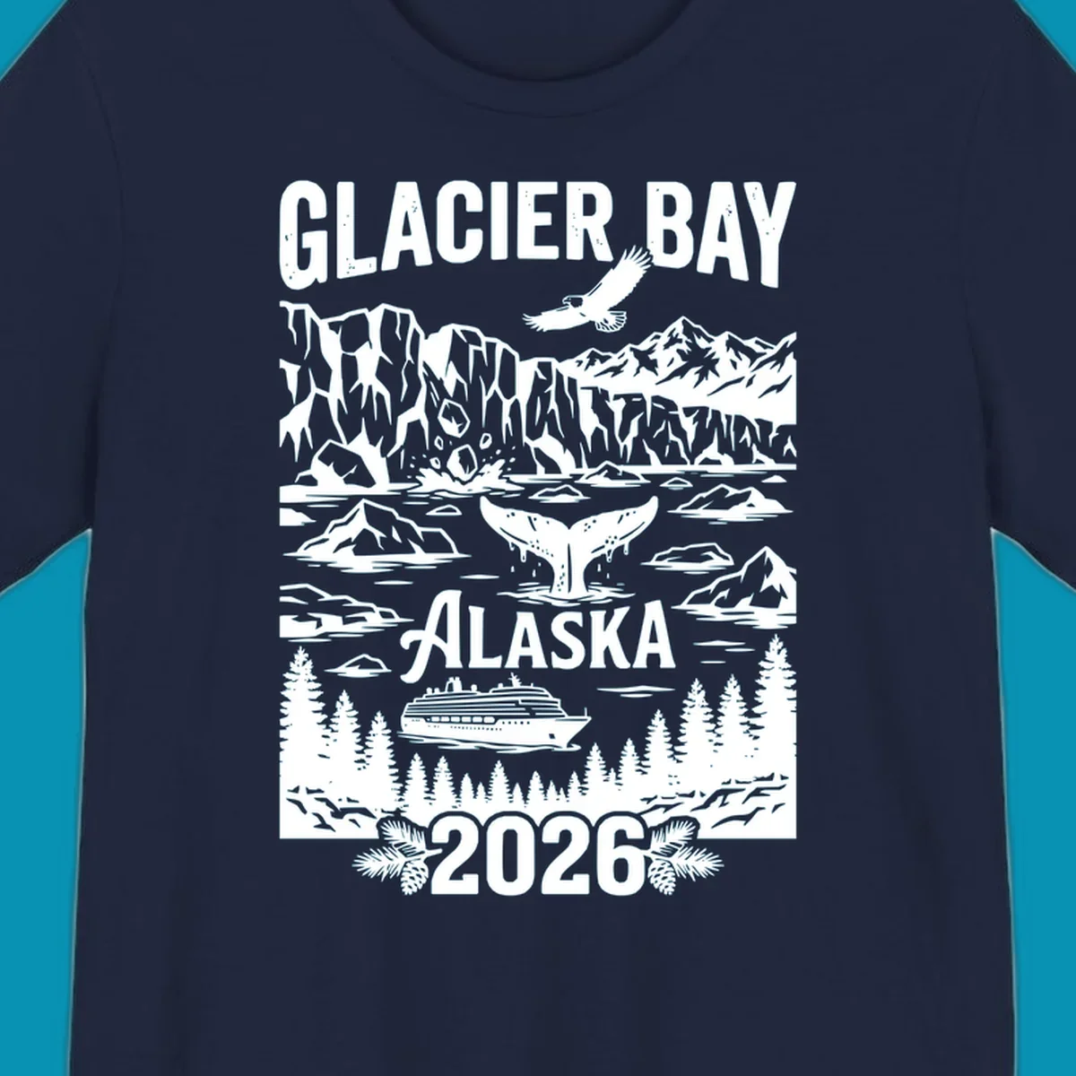 Glacier Bay cruise 2026 design featuring glaciers, bald eagle, whale tail, cruise ship, mountains, and evergreen trees in white illustration on gray background